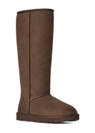 A single mid-calf boot in brown suede, shown from a side profile against a plain white background.