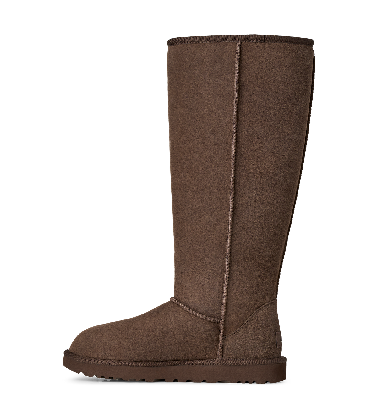 A single mid-calf suede boot in a warm brown color, shown from a side profile against a plain white background.