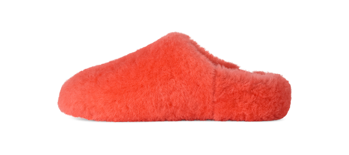 Red fuzzy slippers on a white background