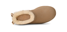 A single tan suede ankle boot with a thick cream shearling lining, shown from a side profile view against a white background.