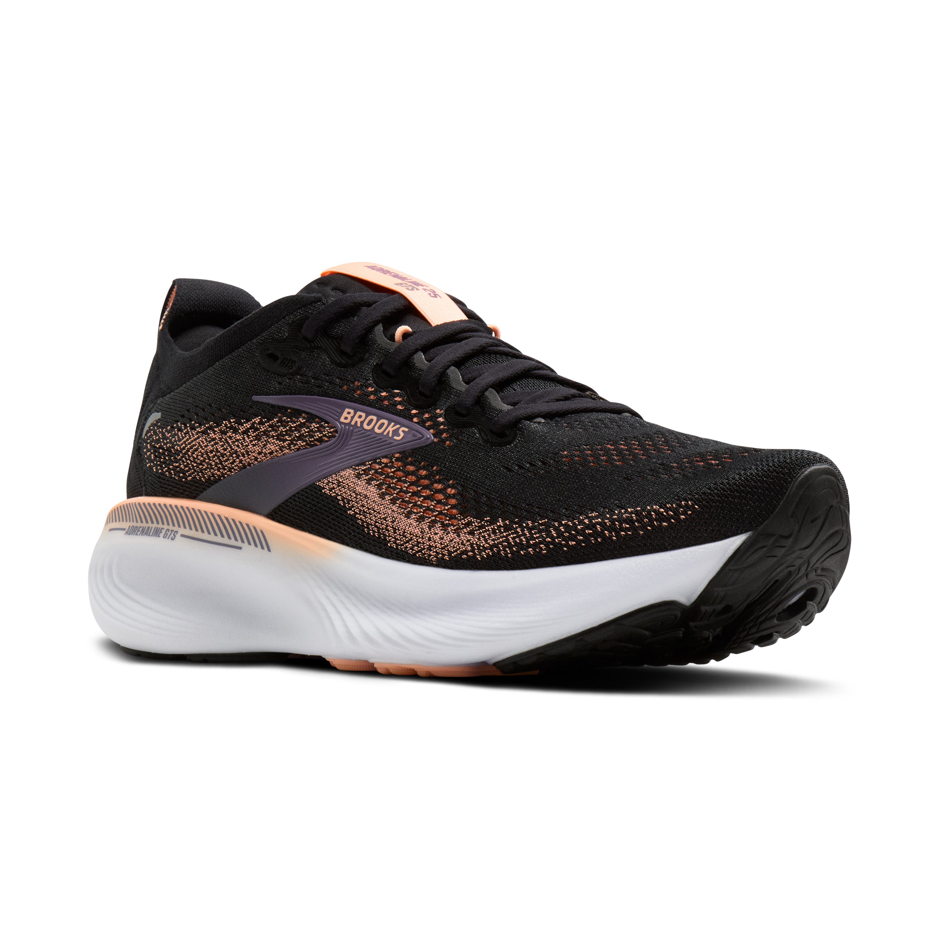 Black running shoe with white sole on a white background