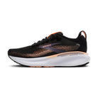 Black running shoe with white sole on a white background