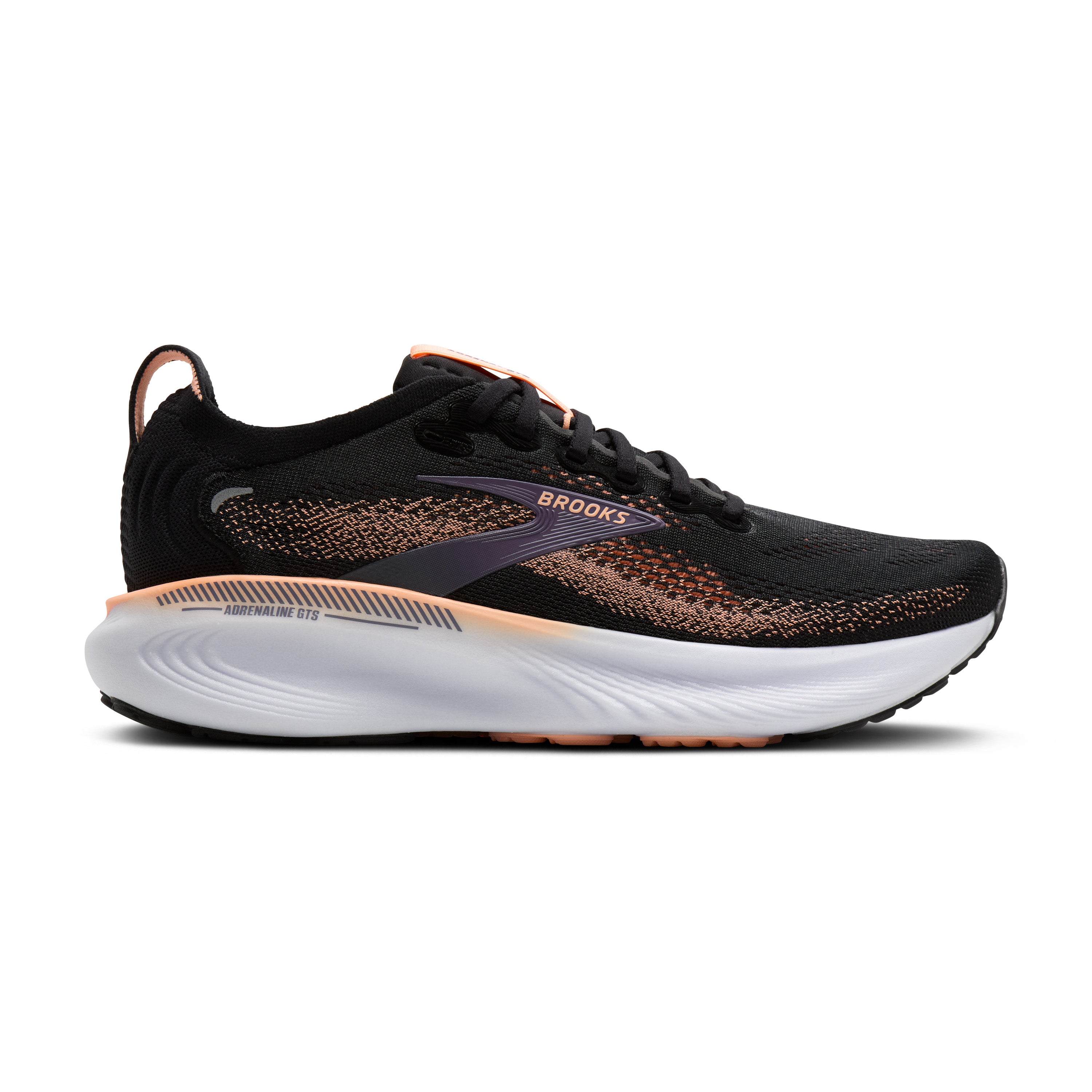 Black running shoe with white sole on a white background
