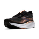 Black running shoe with white sole on a white background