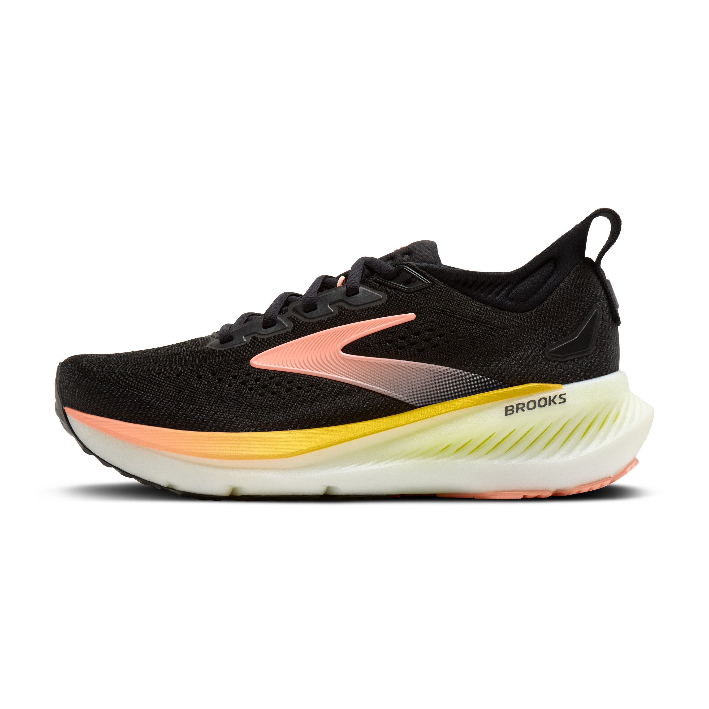 Black running shoe with pink and yellow accents on a white background