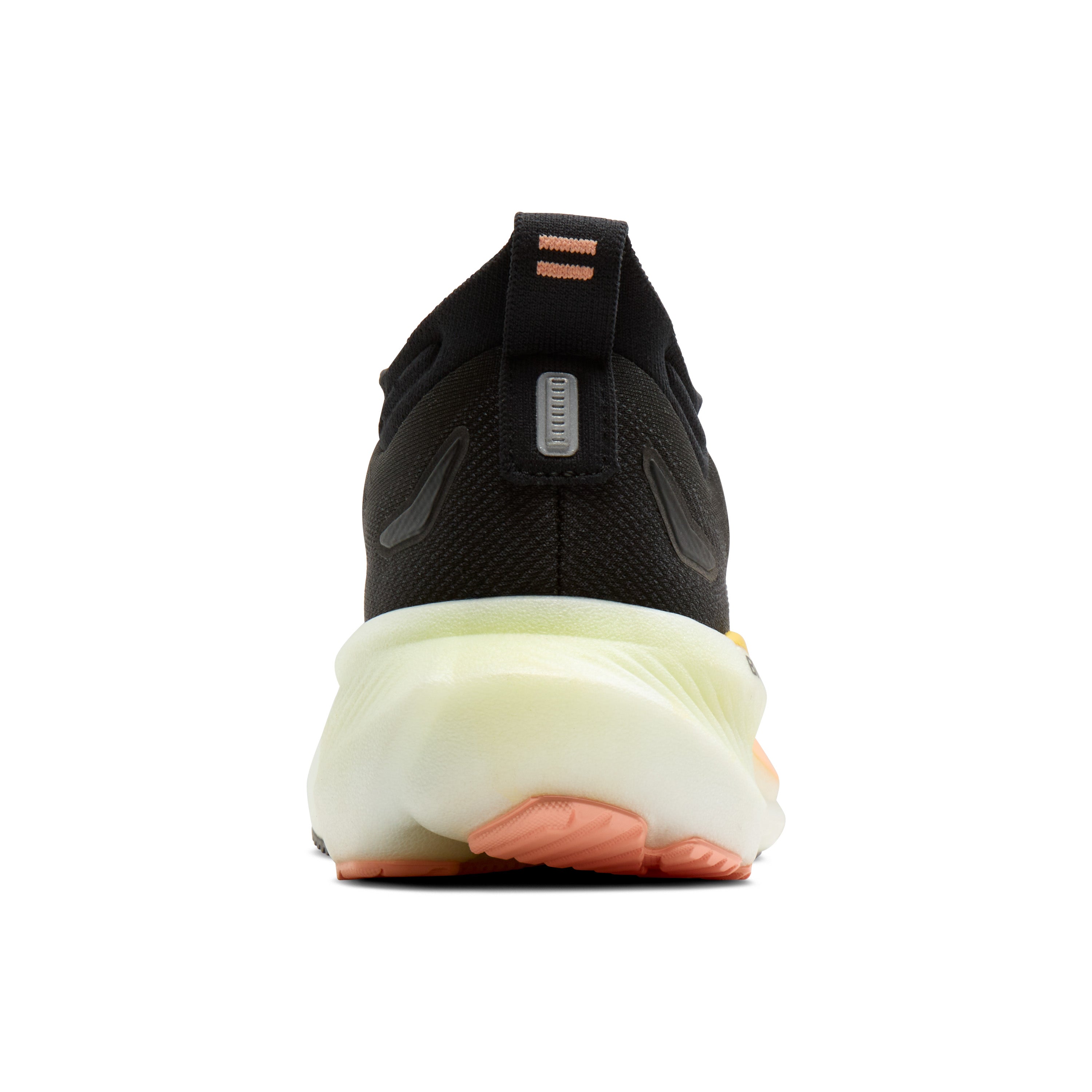 Black running shoe with a white sole on a white background