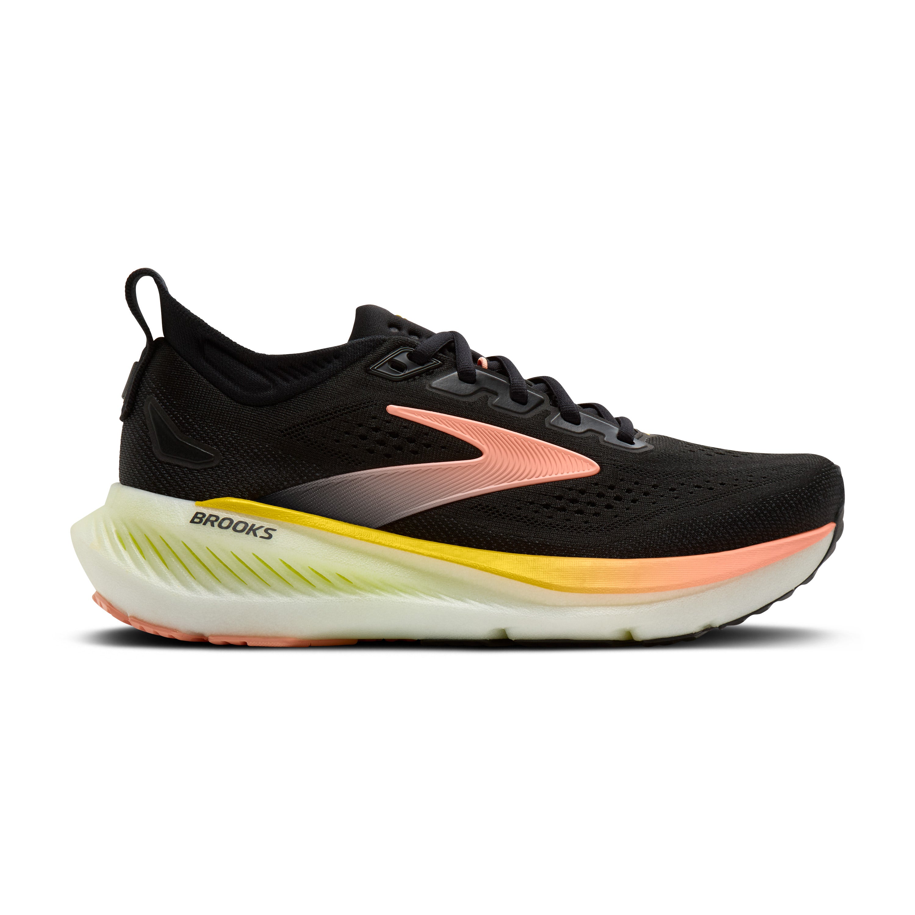 Black running shoe with colorful sole on a white background