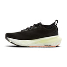 Black running shoe with white sole on a white background