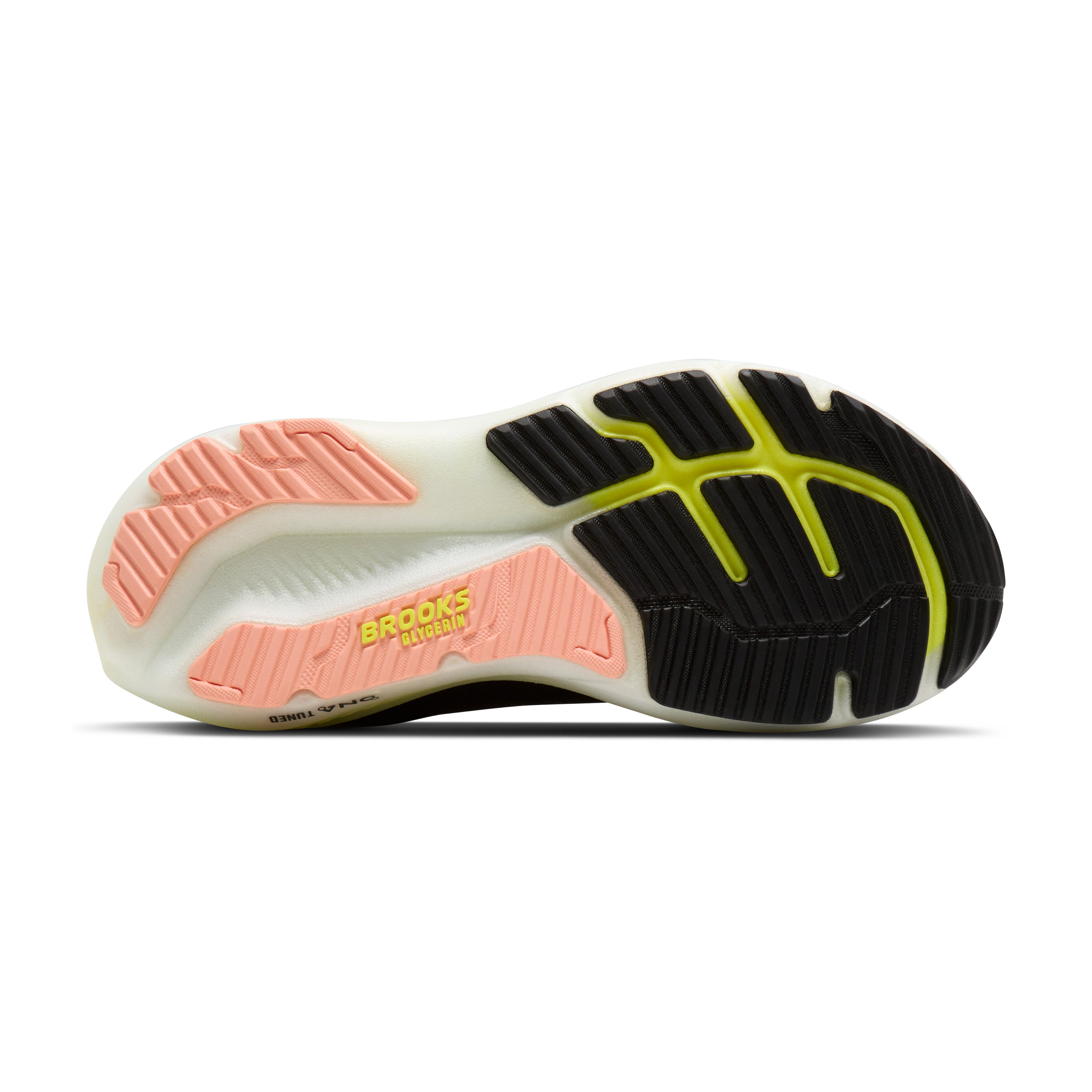 Close-up of a running shoe sole with 'Brooks' branding on a white background