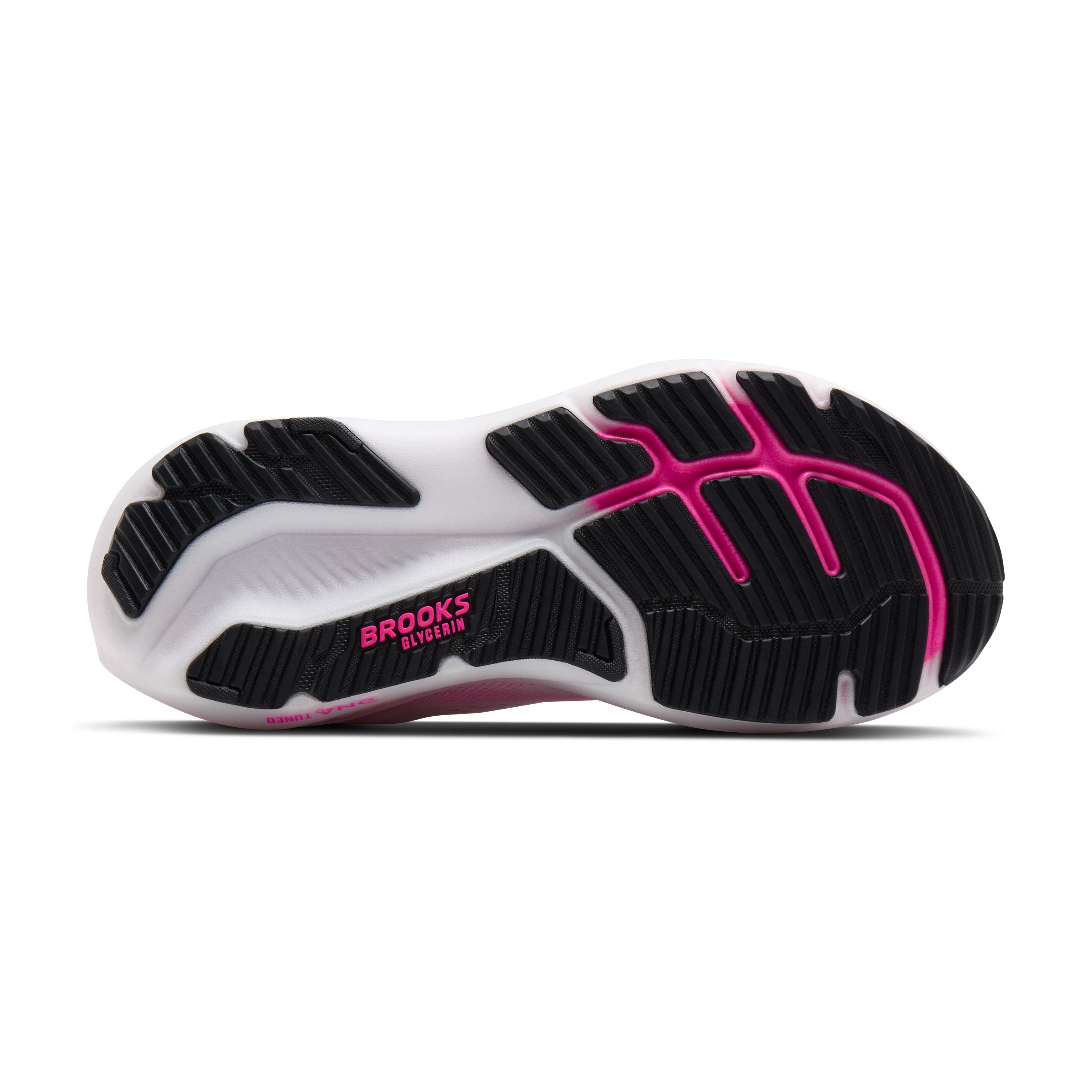 Black and pink running shoe sole with 'Brooks' branding on a white background