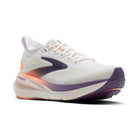 White running shoe with purple and orange accents on a white background