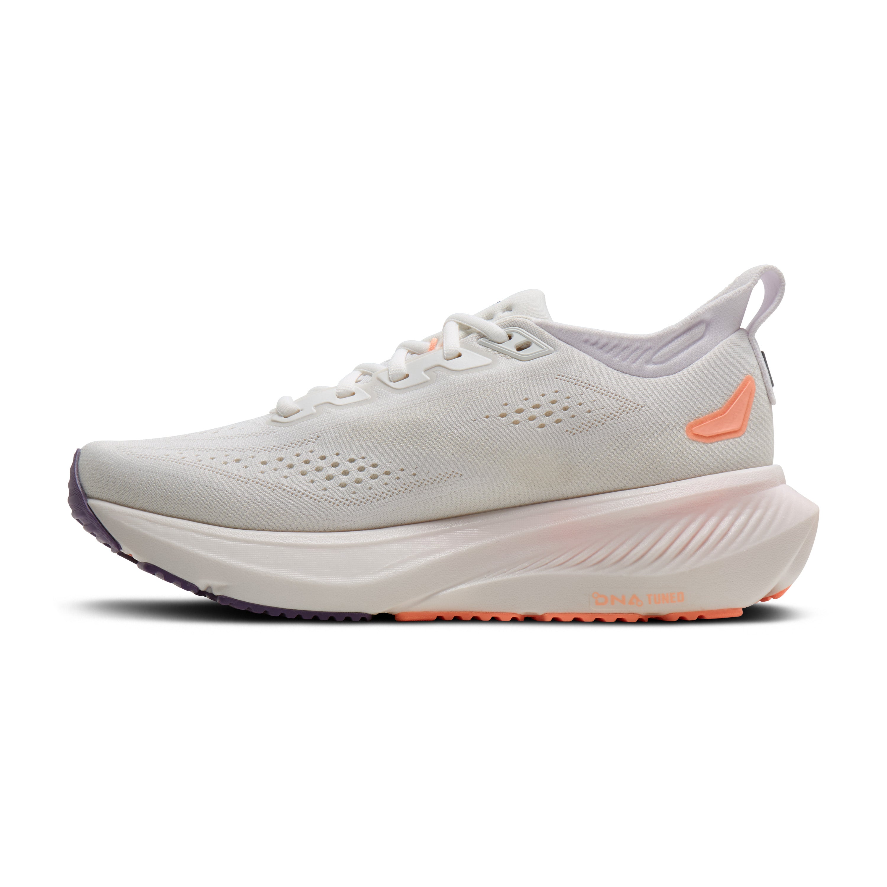 White running shoe with orange accents on a white background