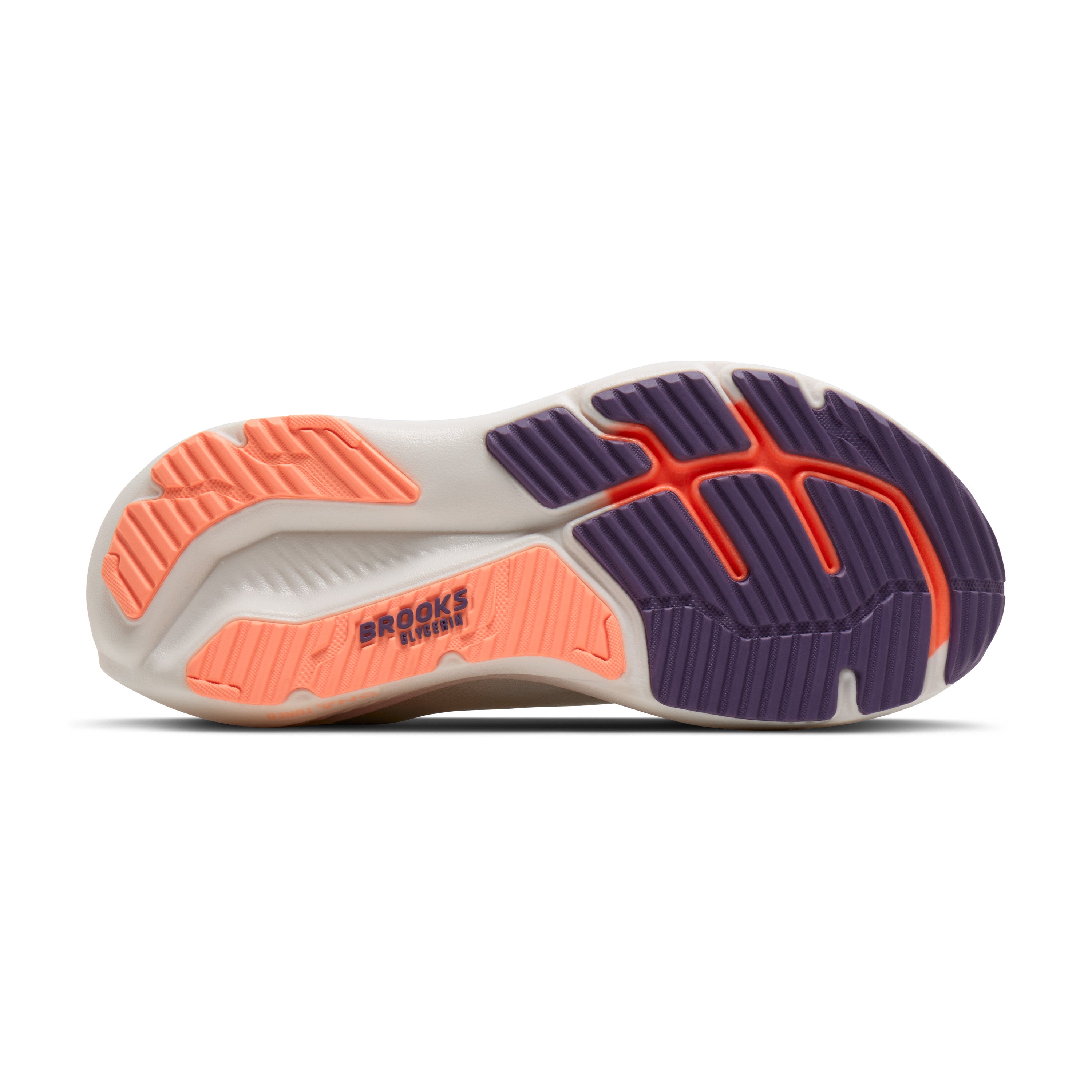 Sole of a running shoe with orange and purple accents on a white background