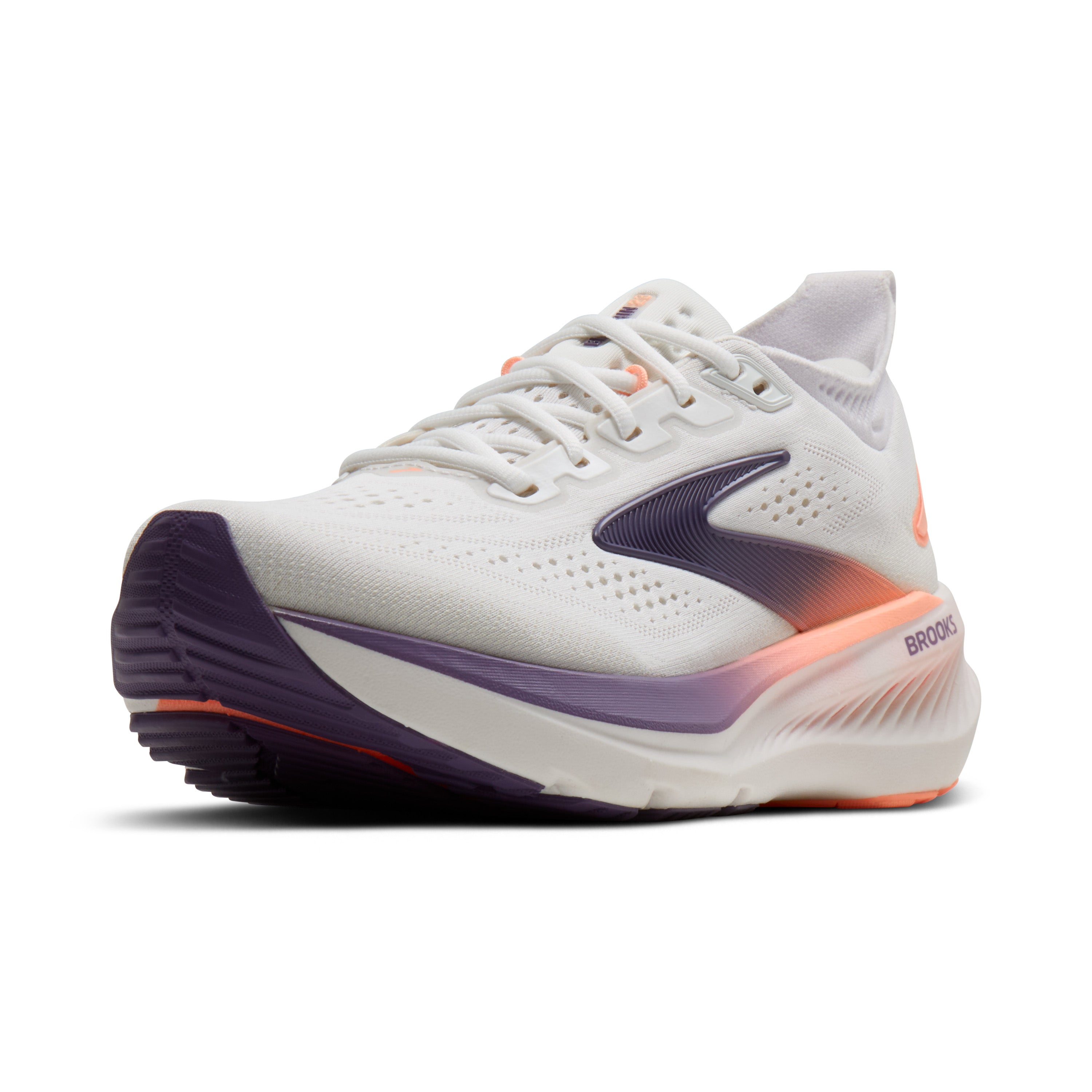 White running shoe with purple and orange accents on a white background