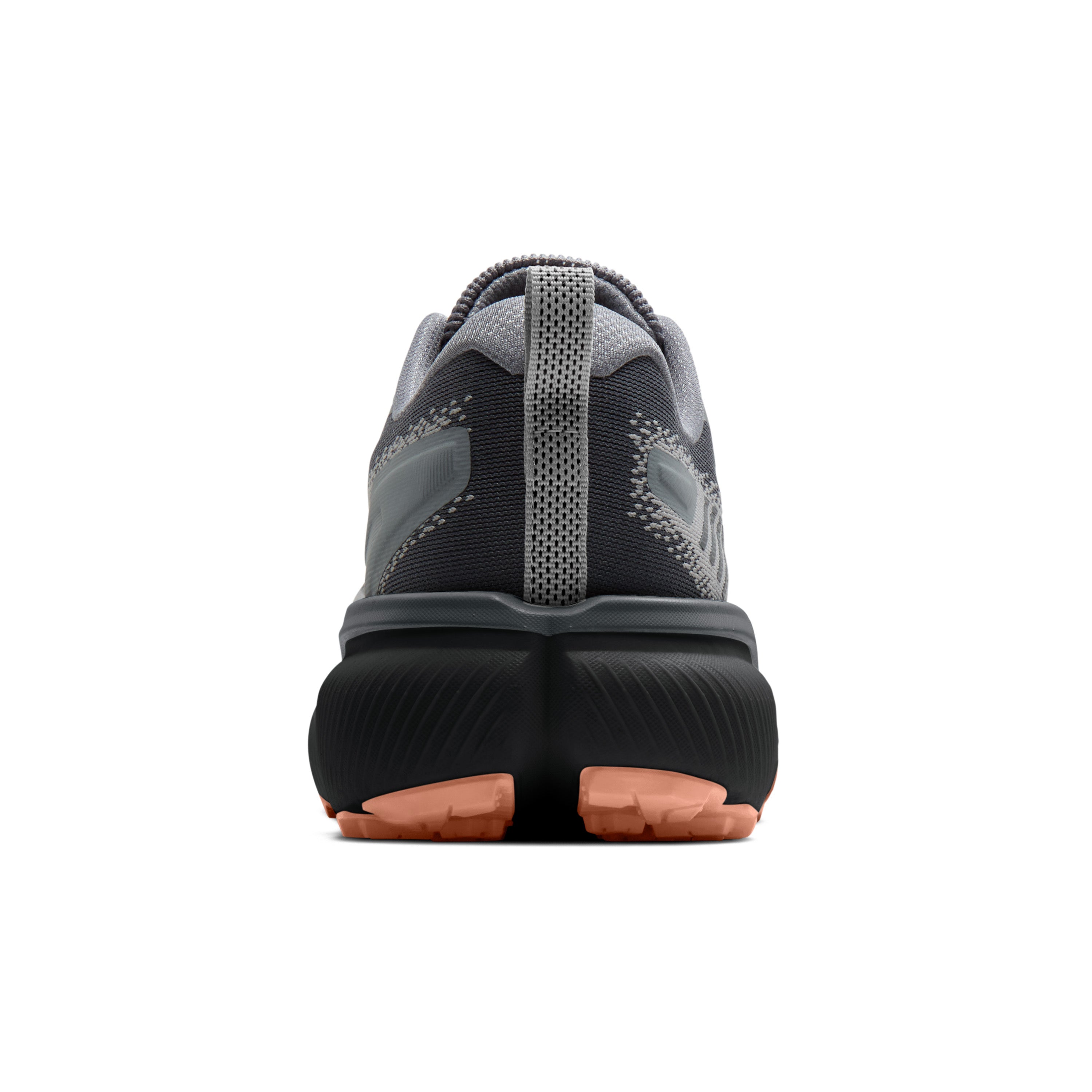 Back view of a black and gray athletic shoe on a white background