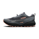 Gray and black athletic shoe with orange accents on a white background