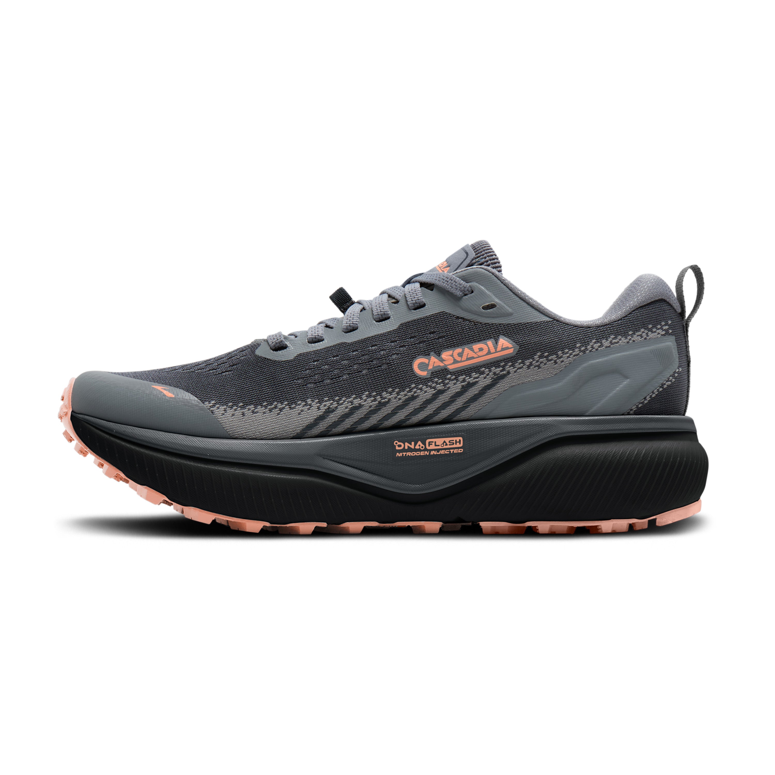 Gray and black athletic shoe with orange accents on a white background