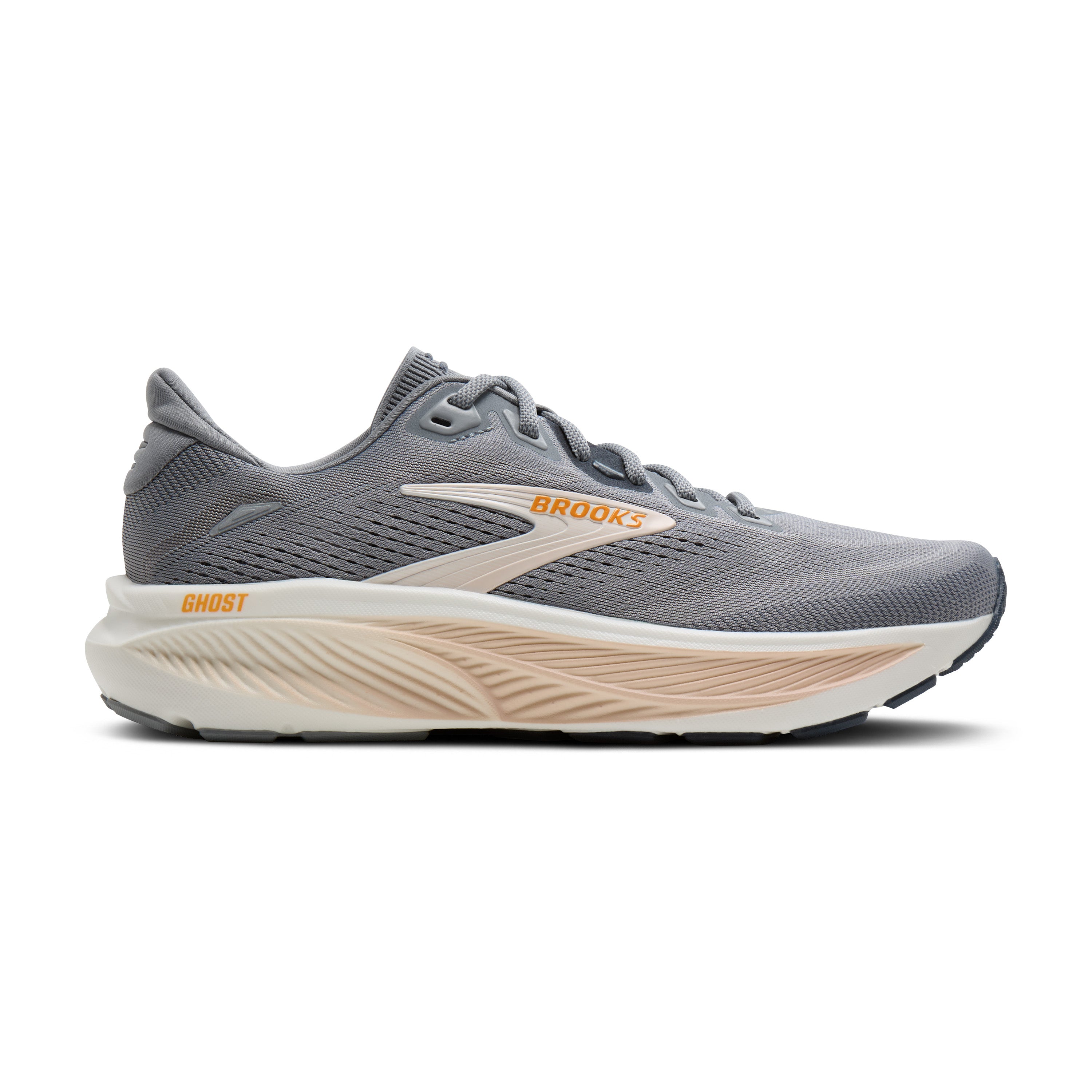 Gray running shoe with 'Brooks' branding on a white background