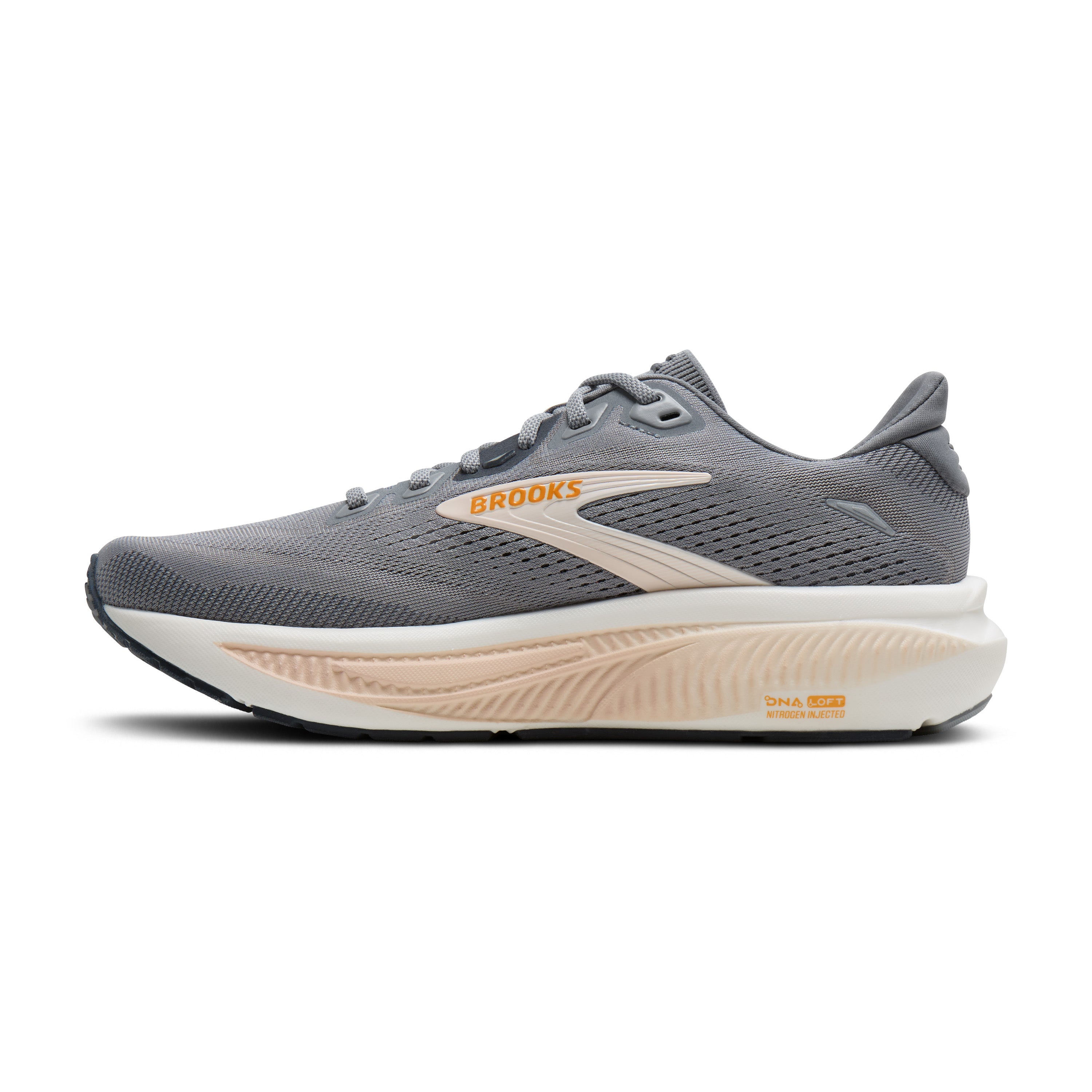 Gray running shoe with 'Brooks' branding on a white background