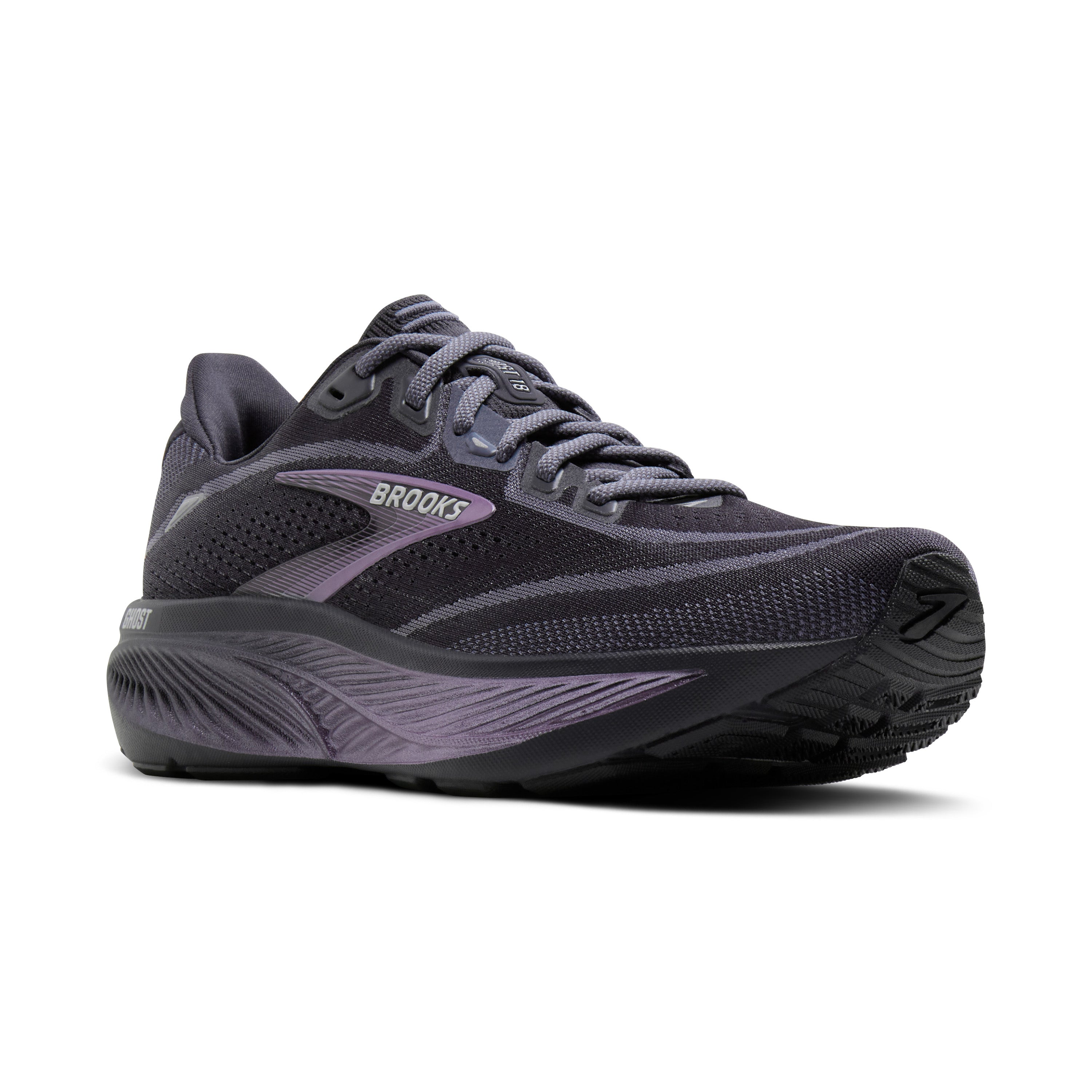 Gray running shoe with 'Brooks' branding on a white background