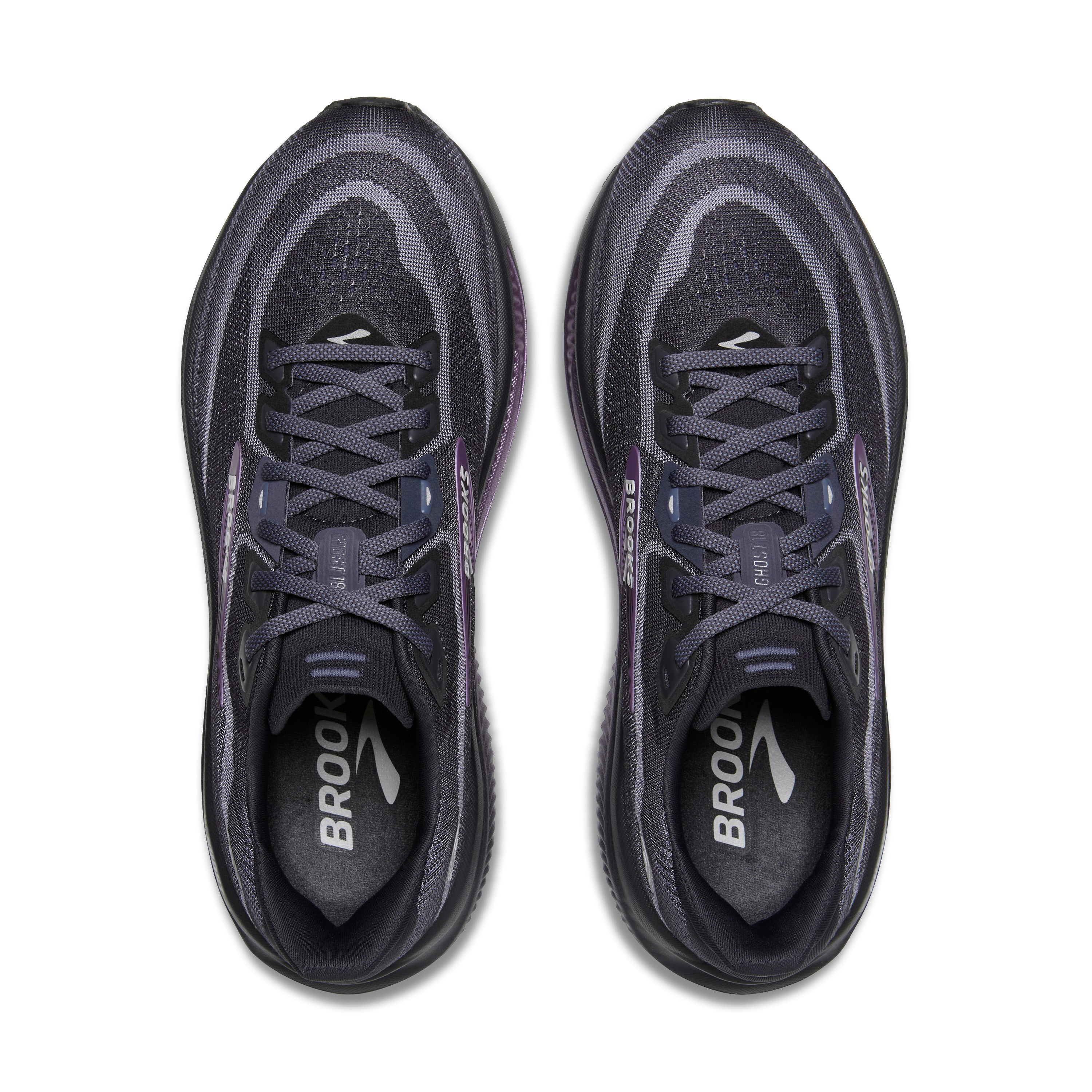 Pair of black running shoes with gray accents on a white background