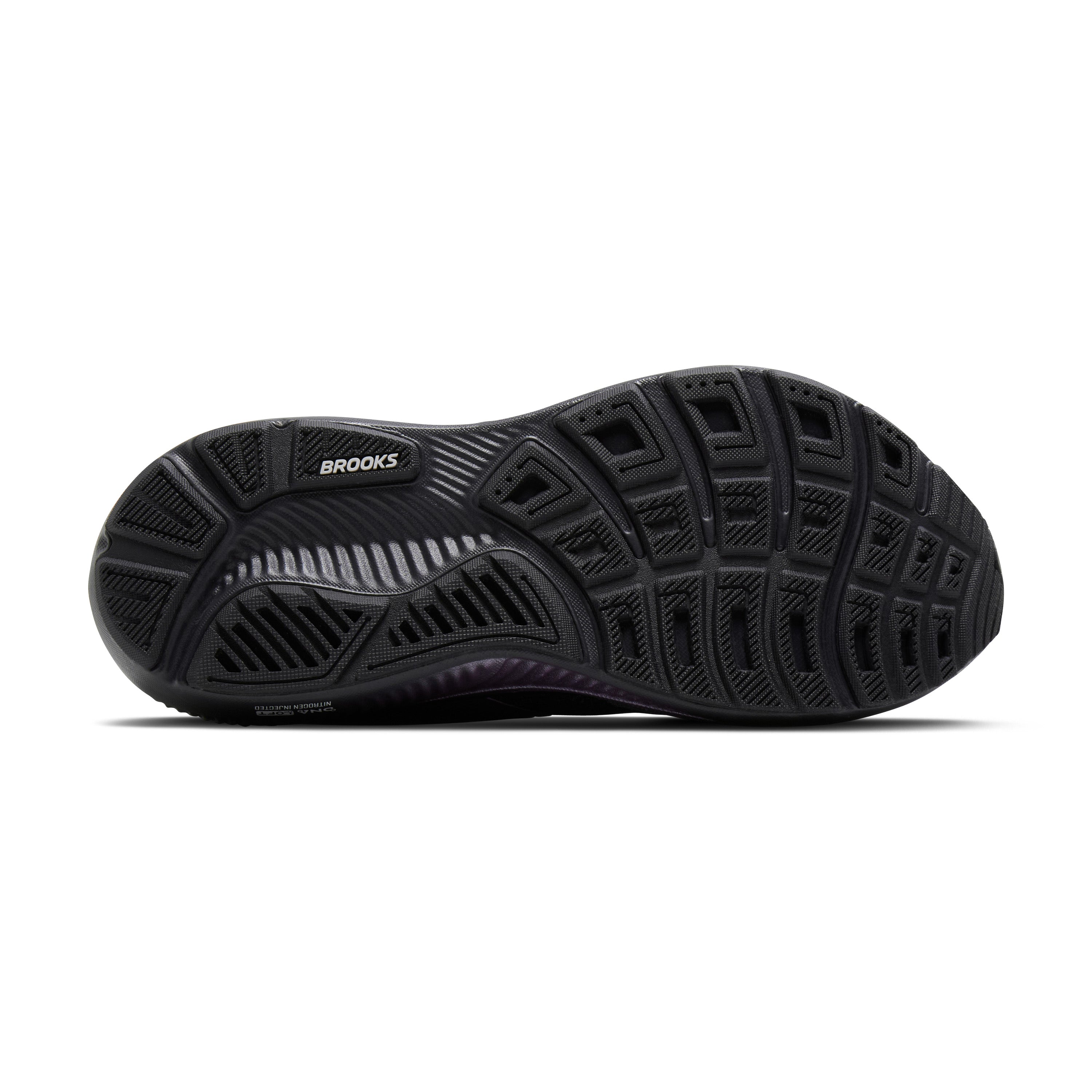 Black running shoe with 'Brooks' branding on a white background
