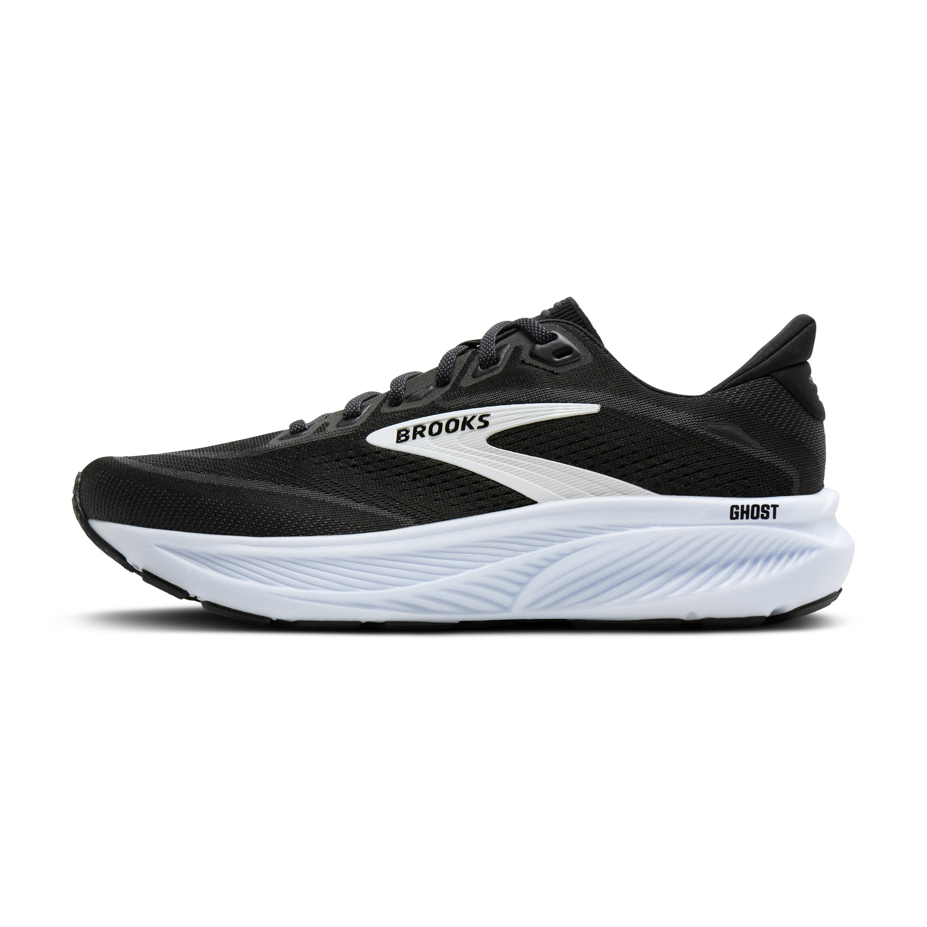 Black and white running shoe with 'Brooks' branding on a white background