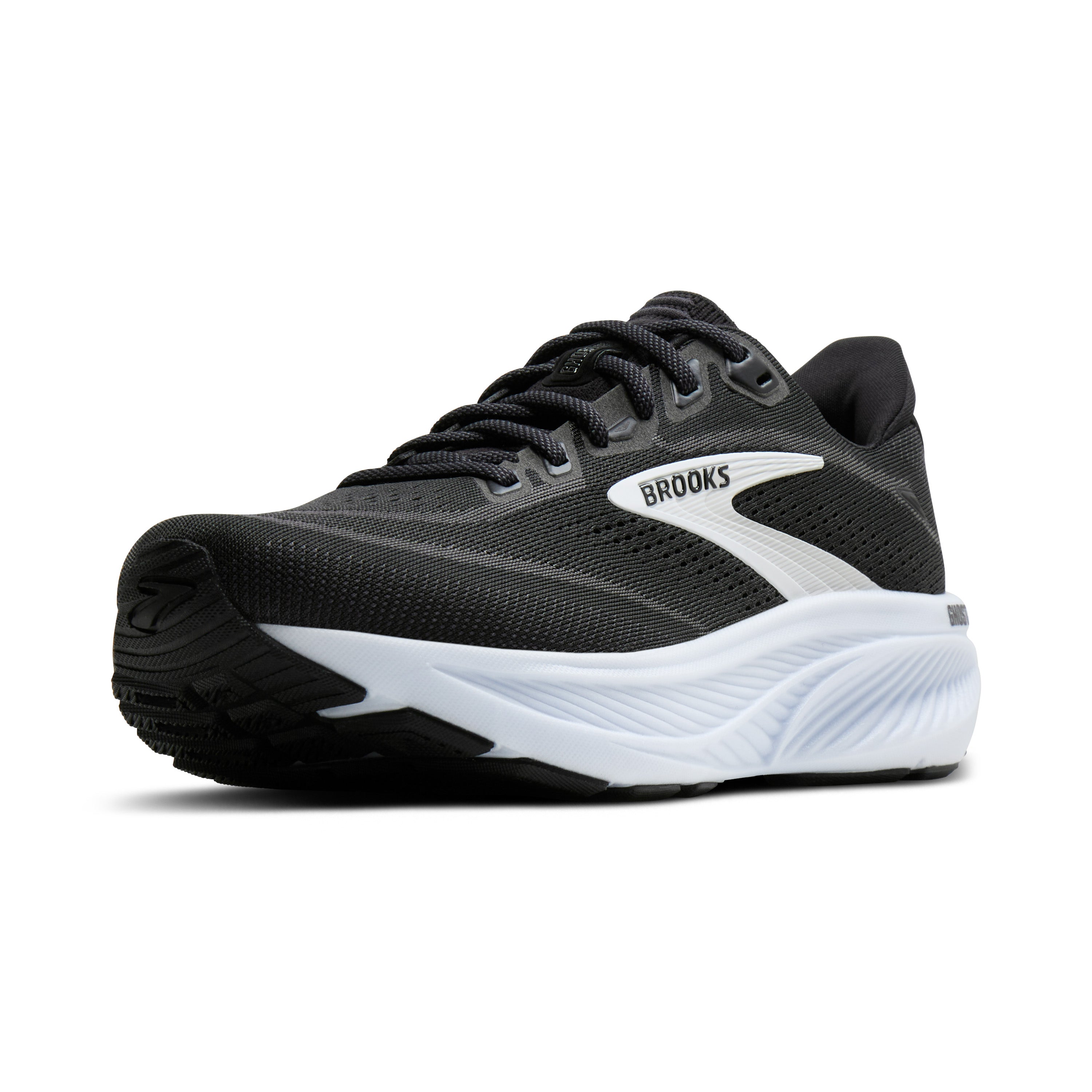Black and white running shoe with 'Brooks' branding on a white background