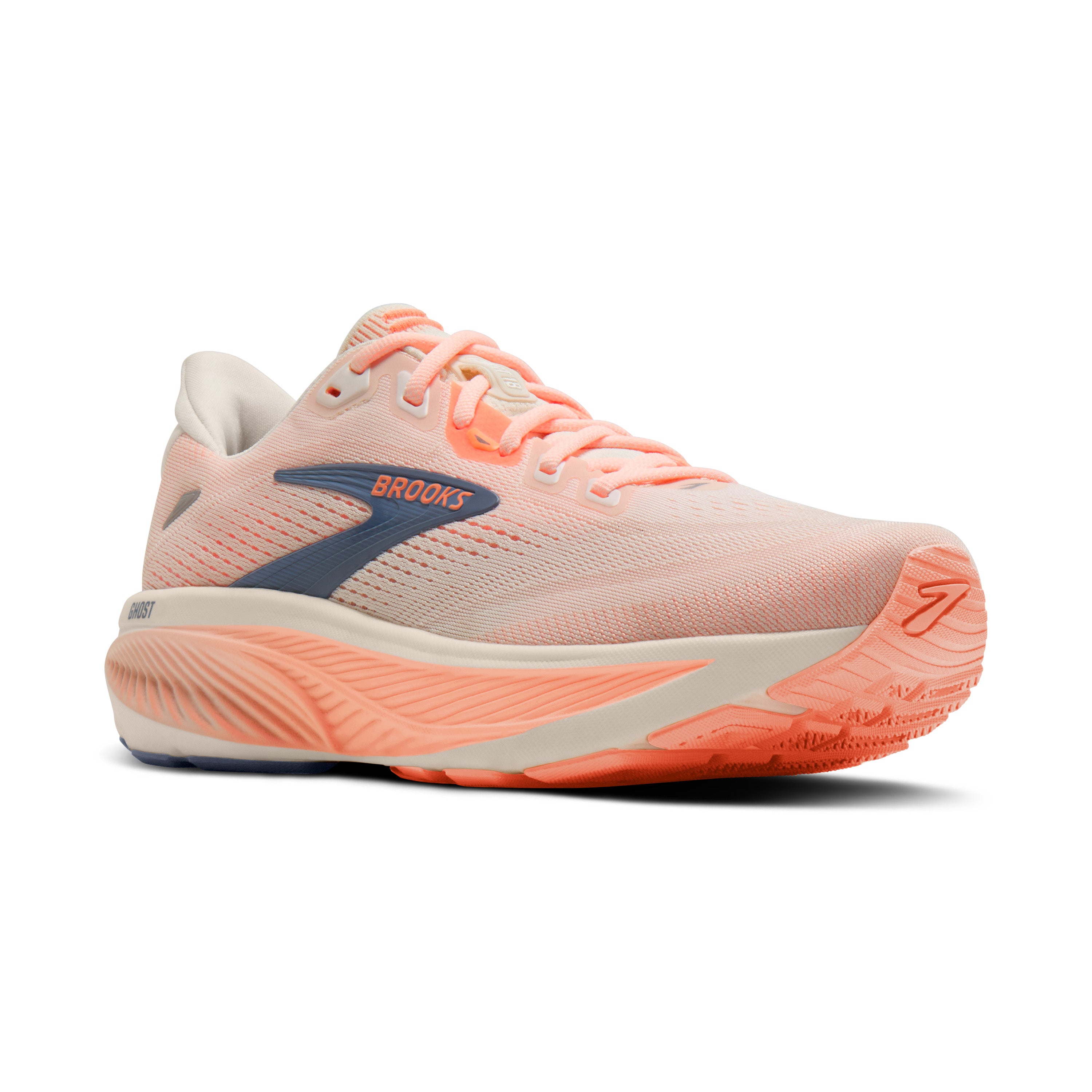 Peach-colored running shoe with 'Brooks' branding on a white background
