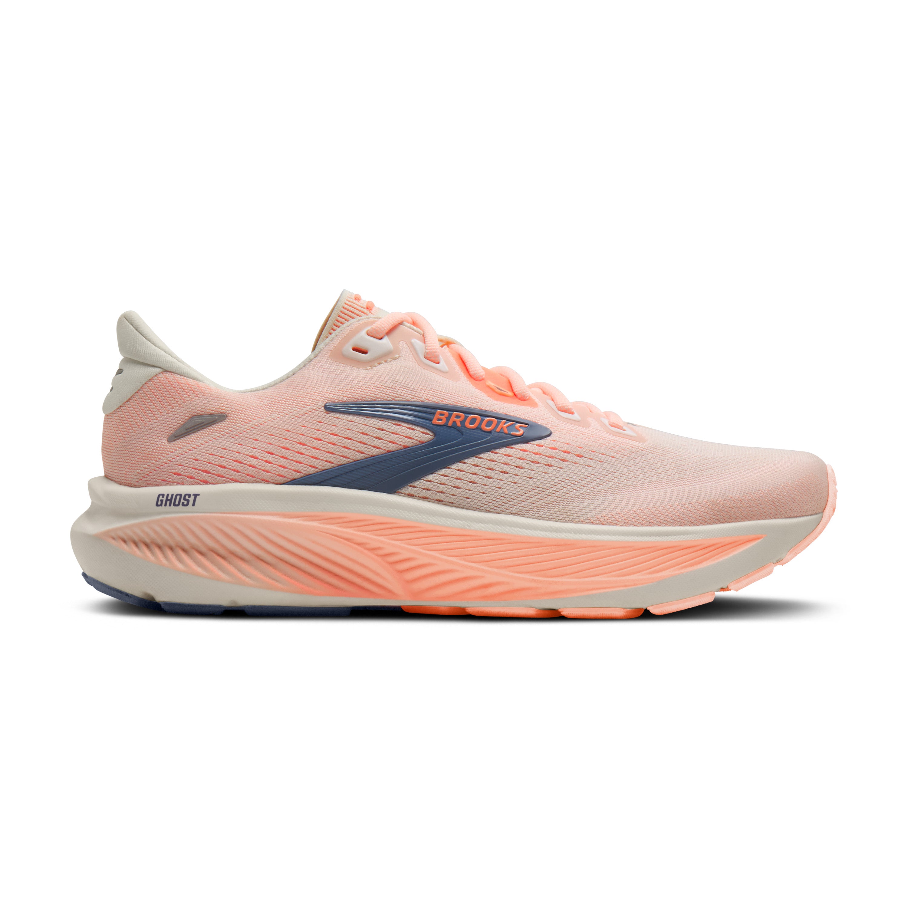 Pink running shoe with blue accents on a white background