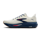 White running shoe with blue sole on a white background