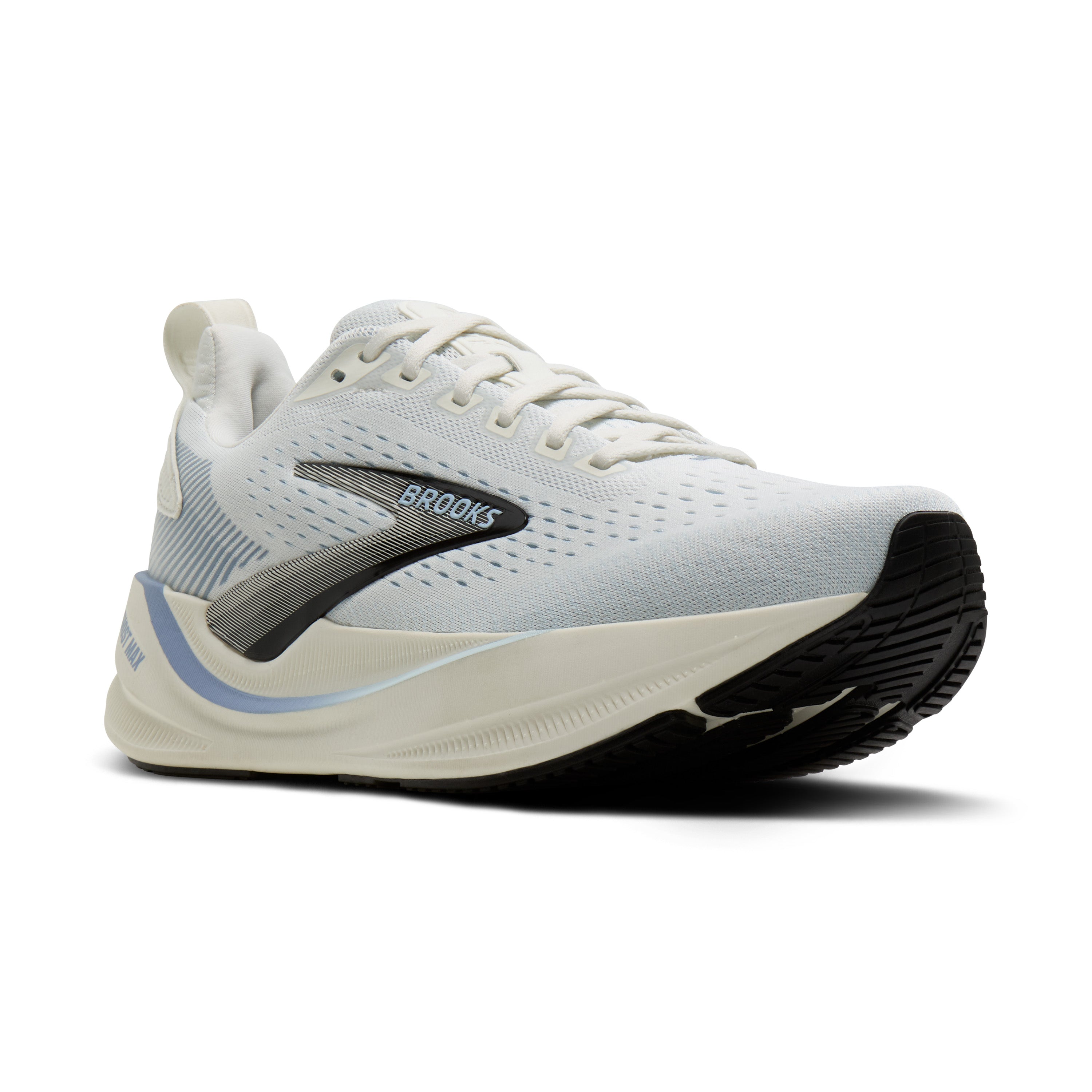 White running shoe with black and blue accents on a white background