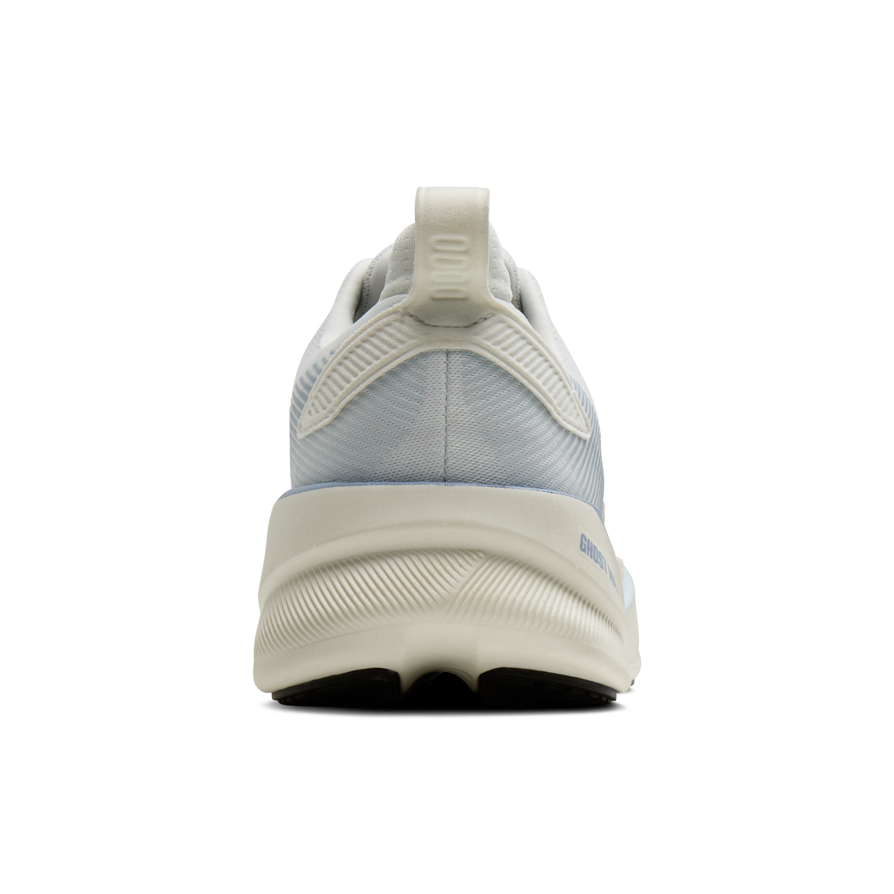 White athletic shoe with a textured sole on a white background