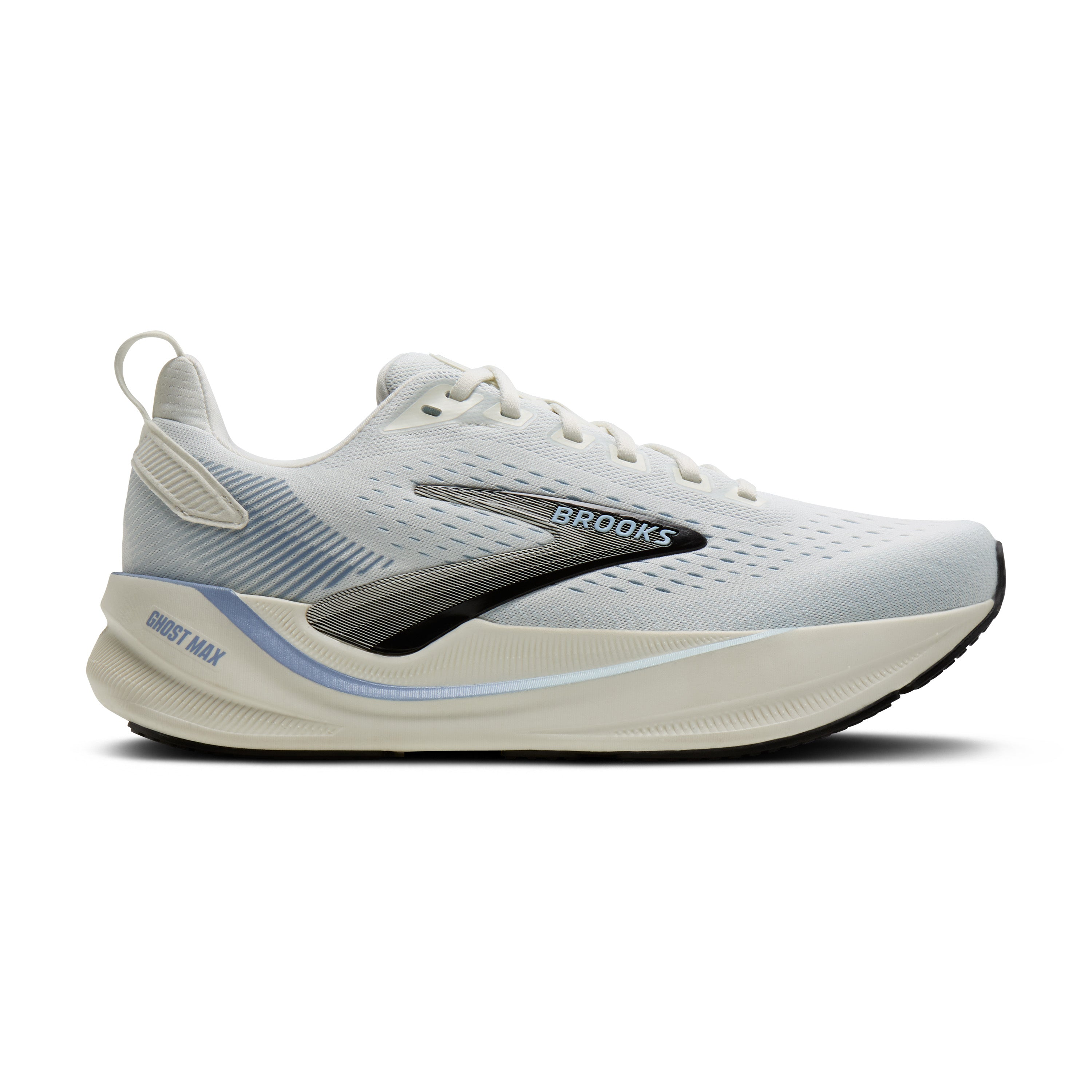 Brooks Ghost Max running shoe in white and light gray with a black logo and subtle blue accents, shown from the side on a white background.