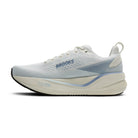 Brooks running shoe in white and light blue, featuring a breathable mesh upper, white laces, and a thick cushioned sole, shown from a side profile on a white background.