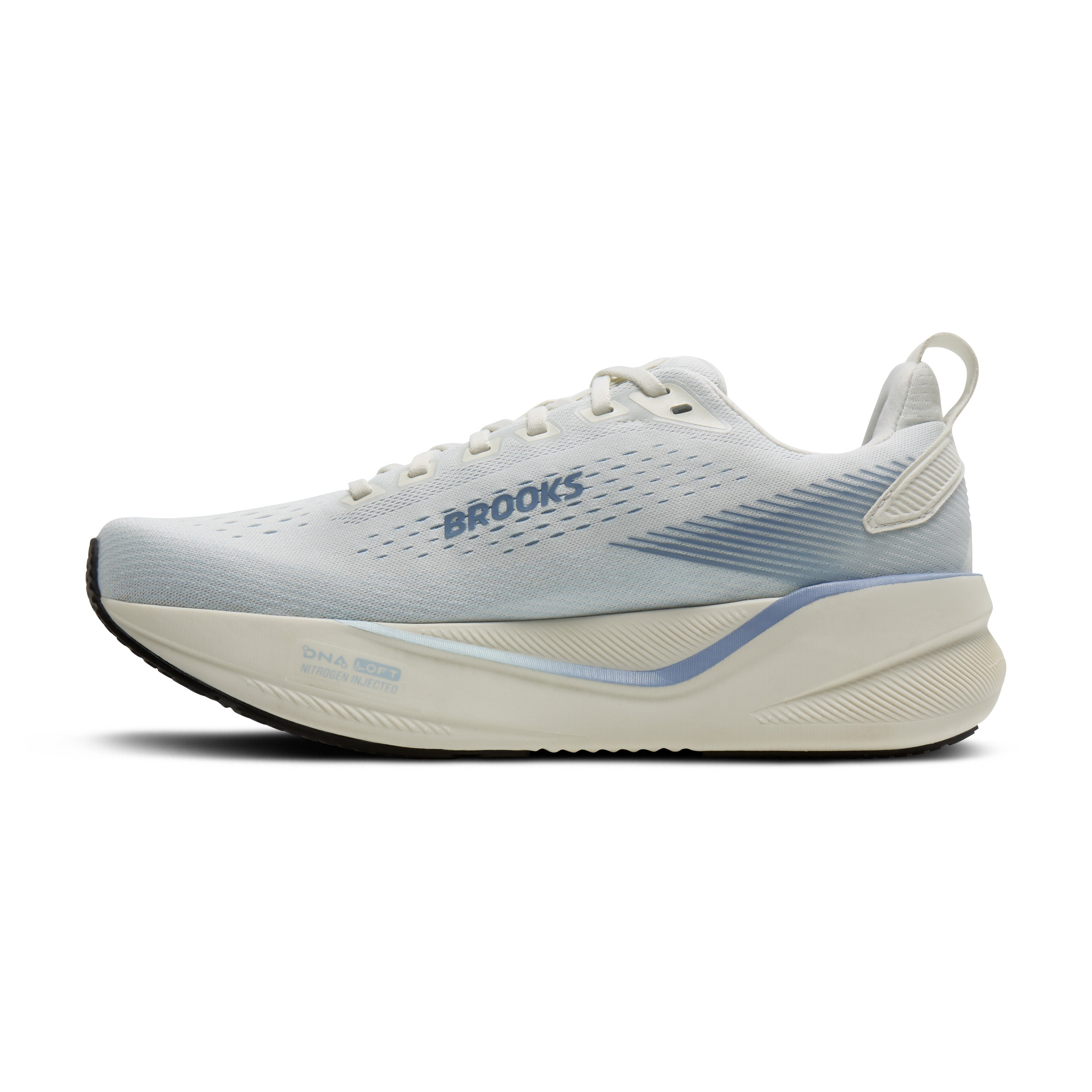 Brooks running shoe in white and light blue, featuring a breathable mesh upper, white laces, and a thick cushioned sole, shown from a side profile on a white background.
