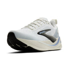 Brooks running shoe in white and light gray with a black outsole and a dark gray Brooks logo on the side, shown against a plain white background.