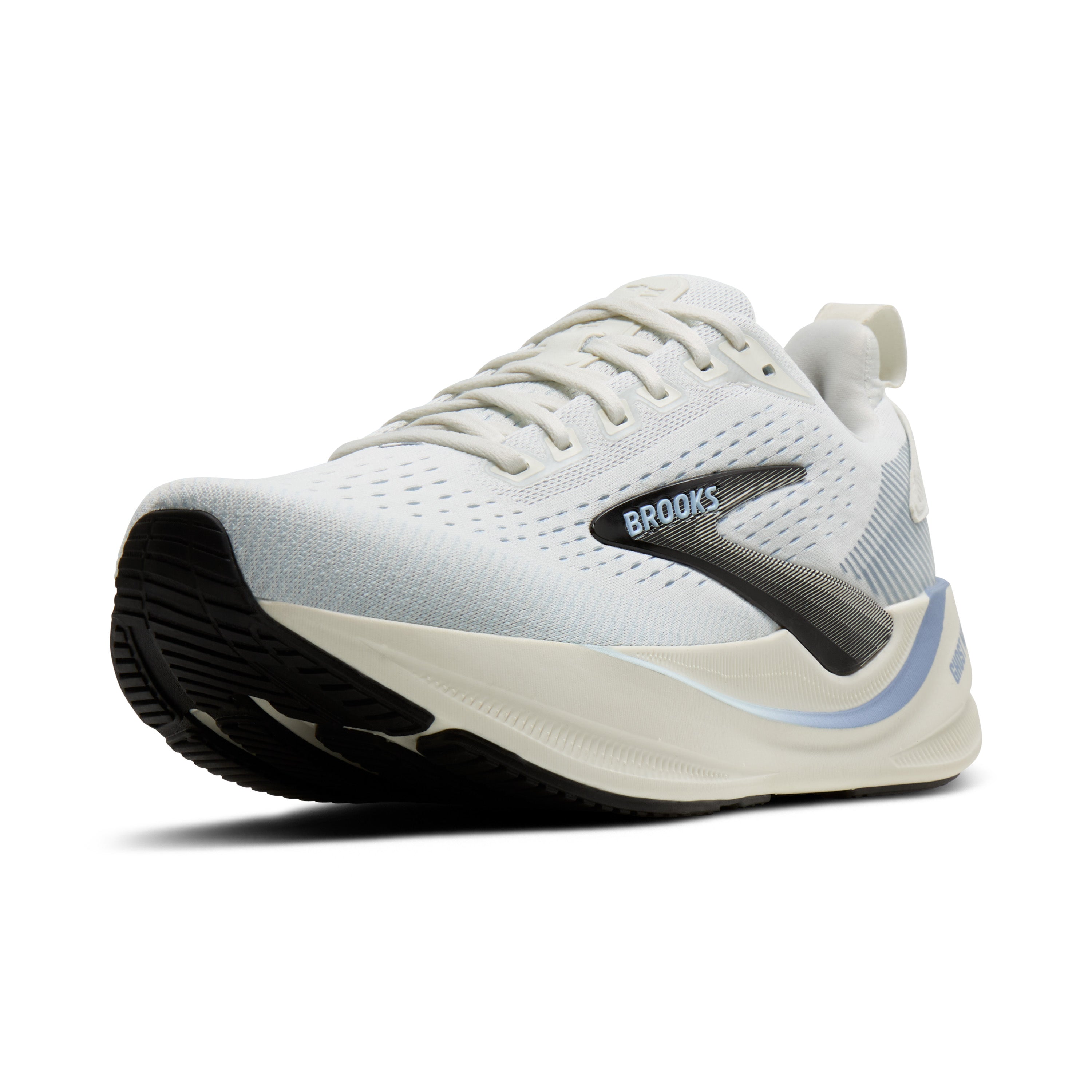 Brooks running shoe in white and light gray with a black outsole and a dark gray Brooks logo on the side, shown against a plain white background.