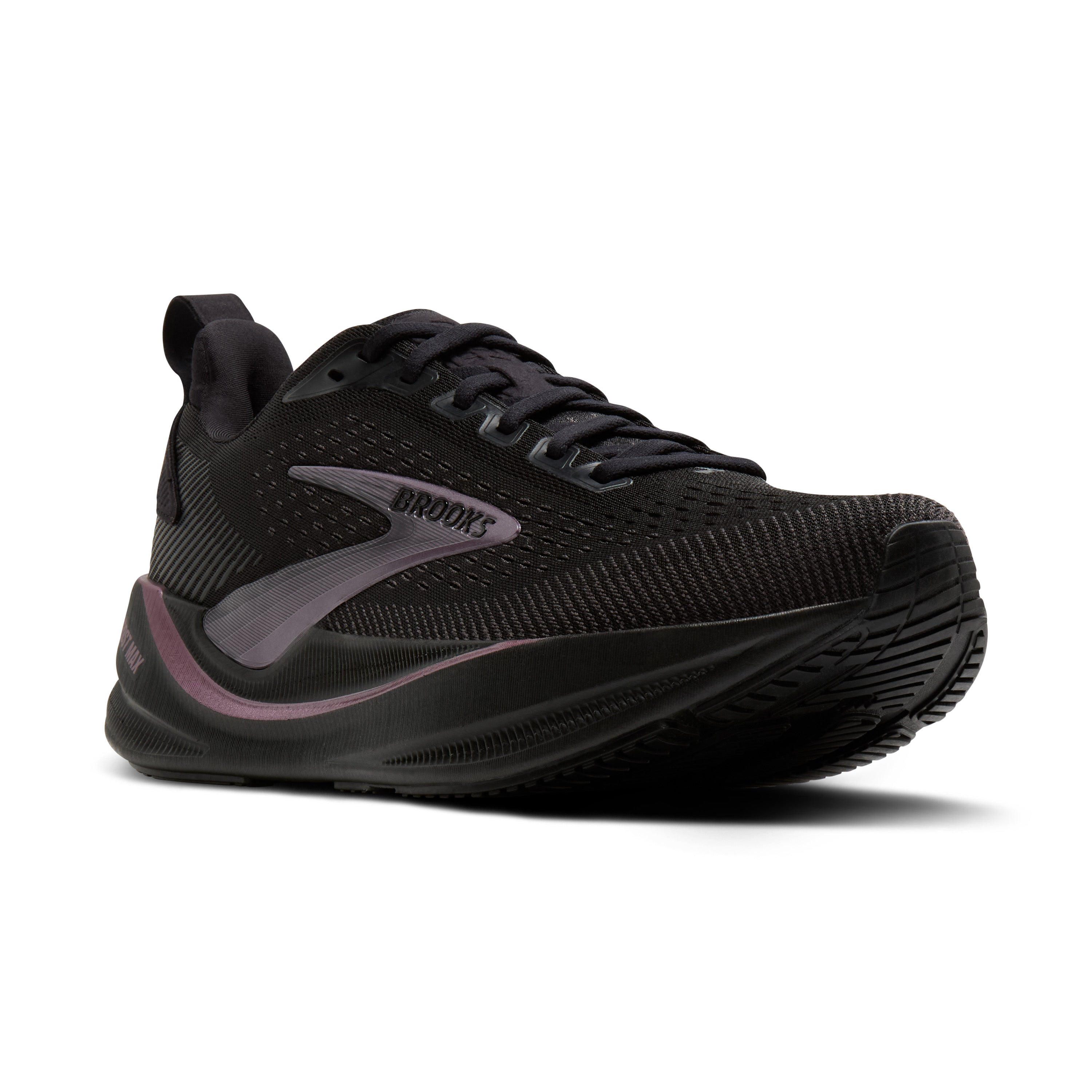 Black running shoe with visible 'Brooks' logo on a white background