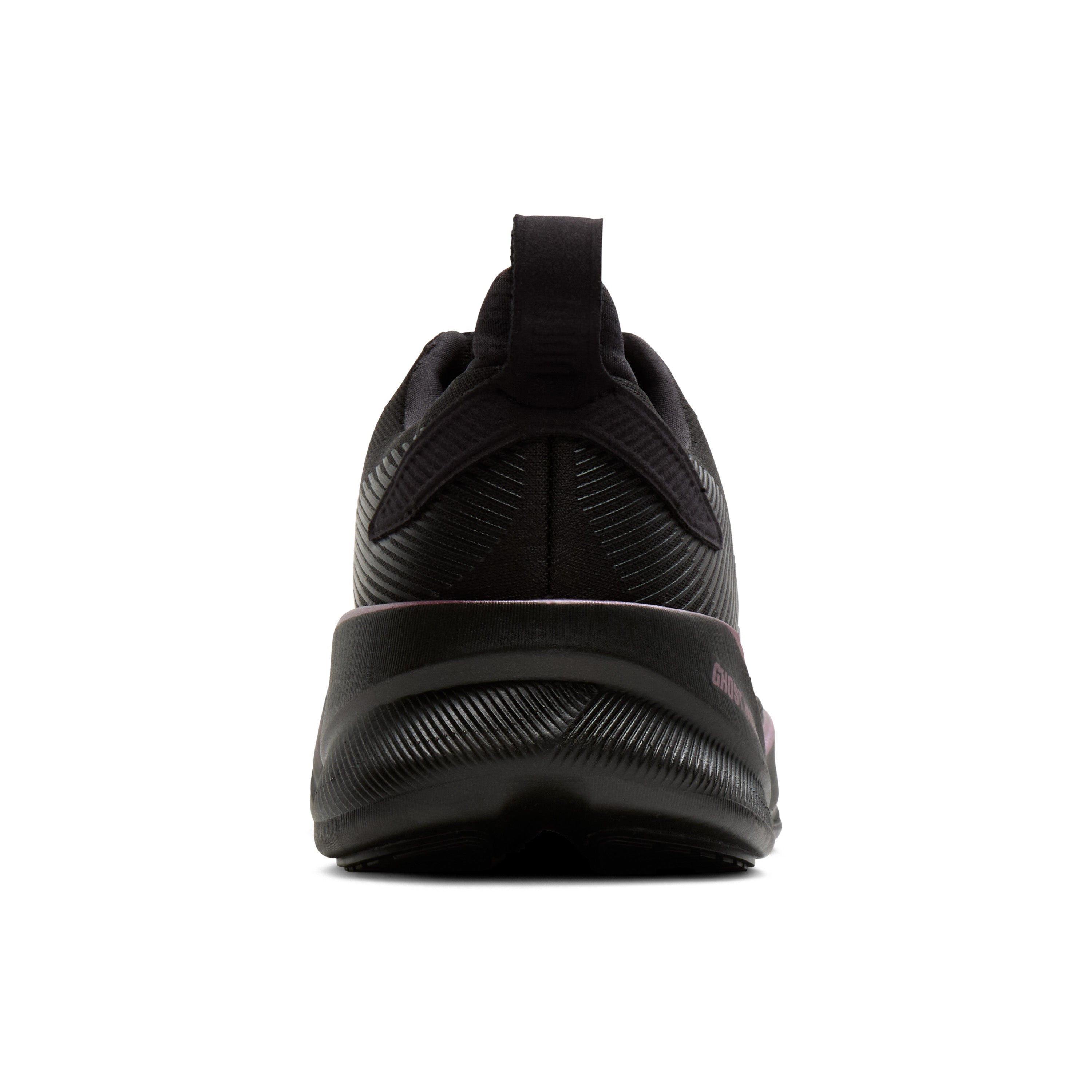 A black athletic sneaker shown from a rear three-quarter view against a plain white background.
