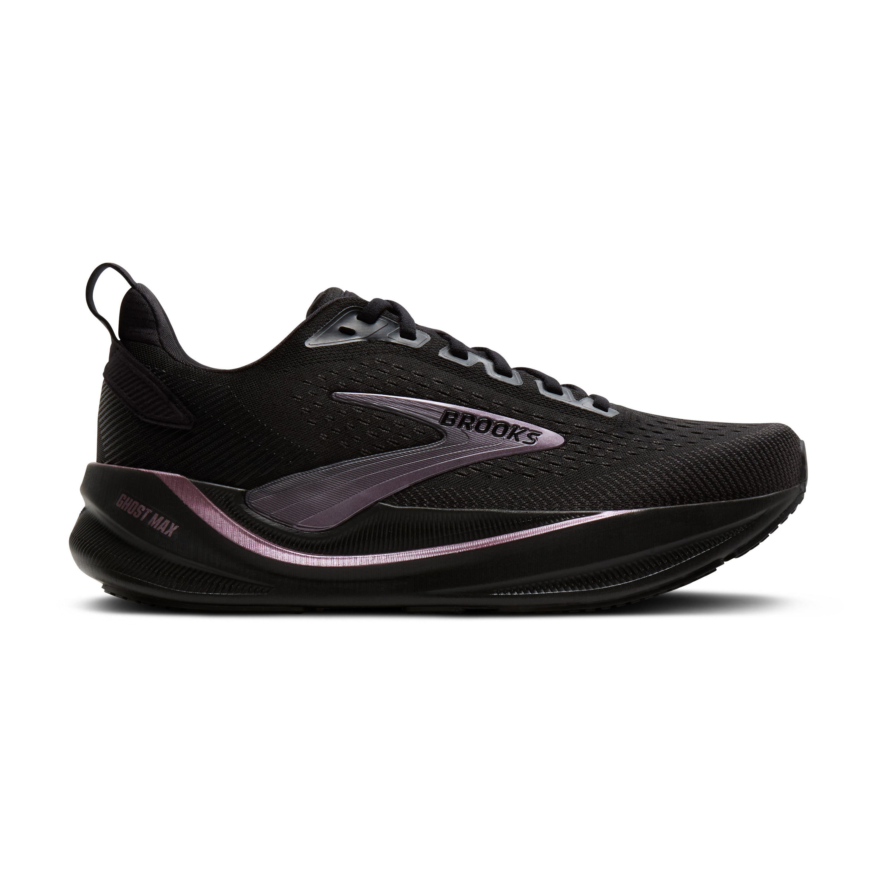 Black running shoe with 'Brooks' branding on a white background