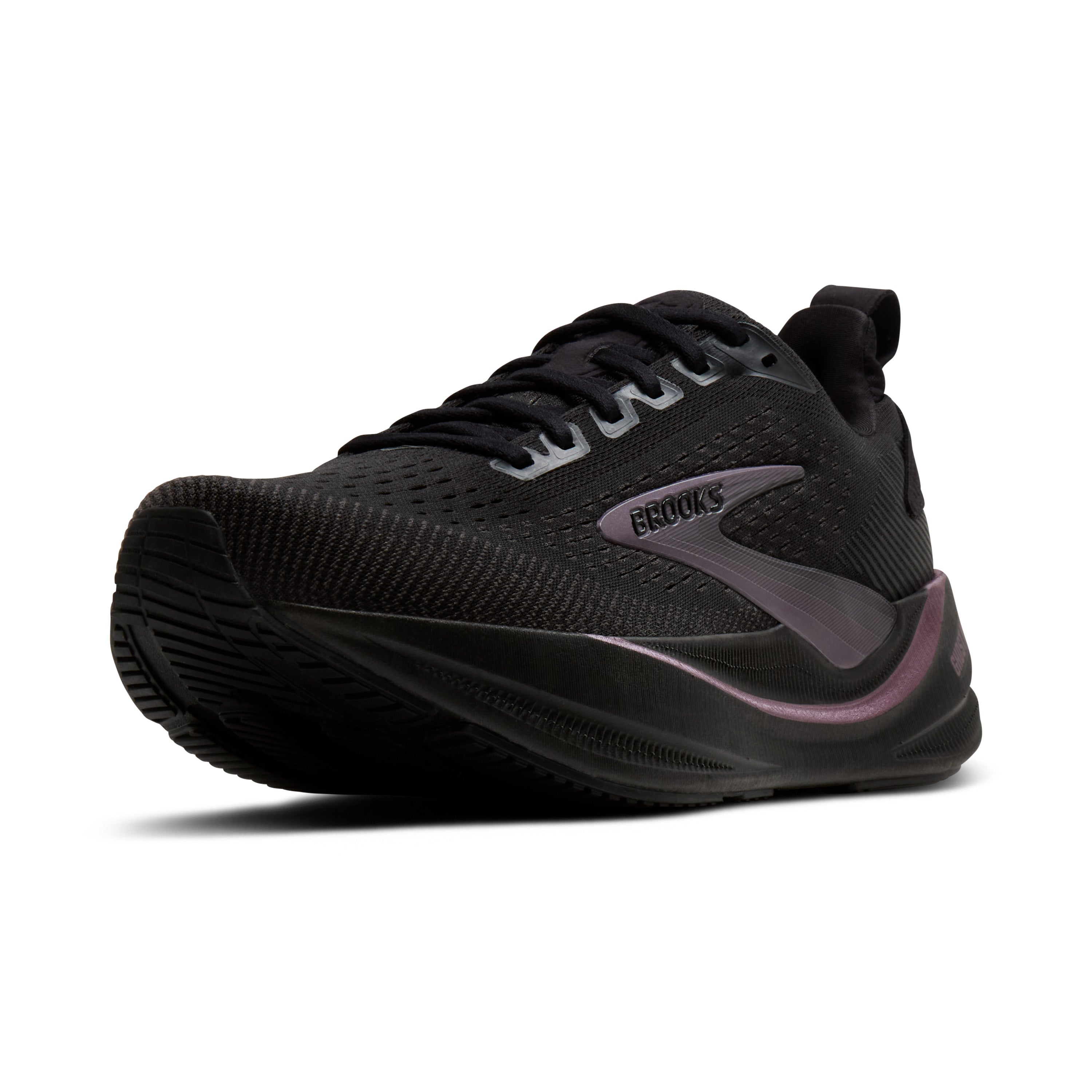 Black running shoe with visible brand logo on a white background