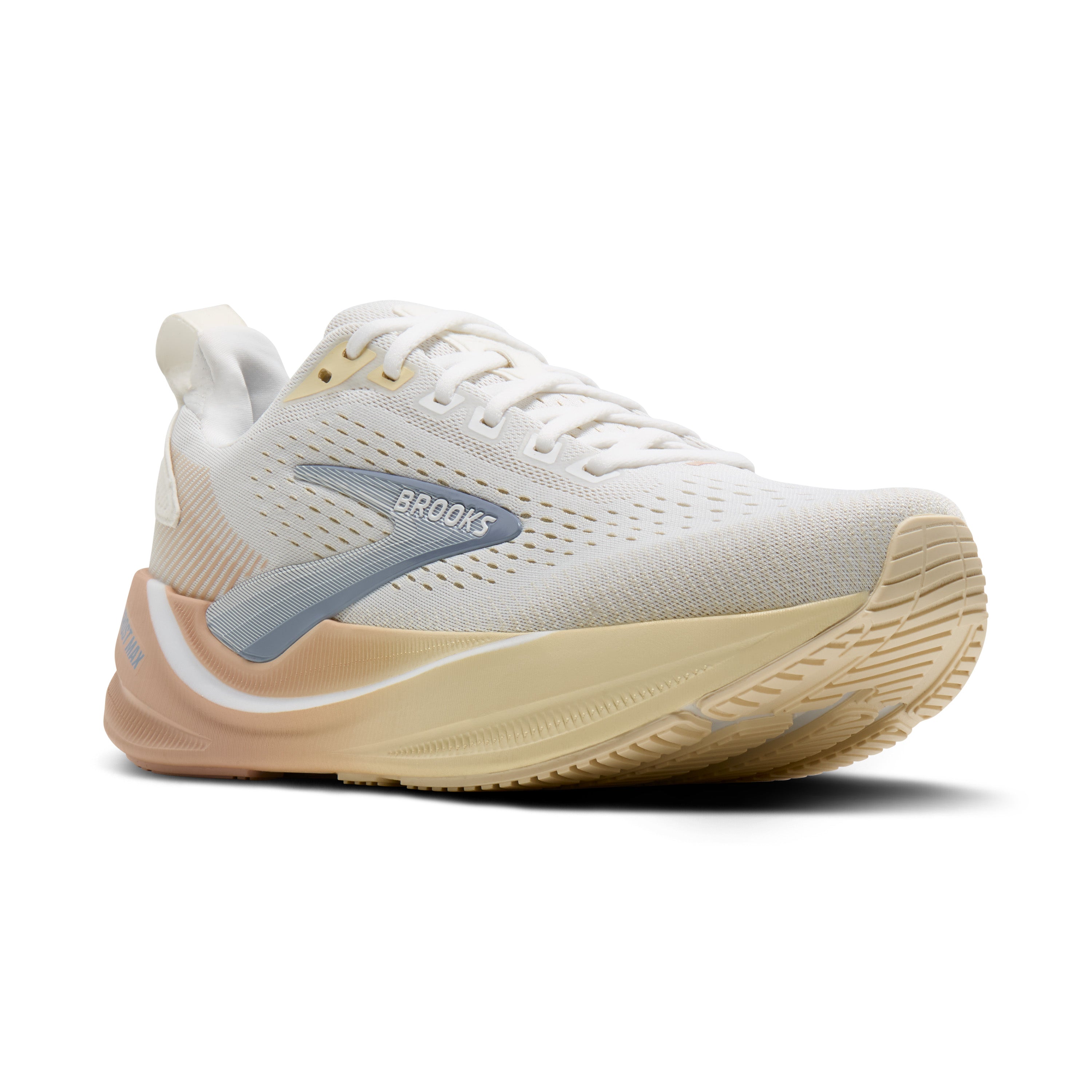 White running shoe with beige sole on a white background