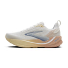 Brooks Ghost Max running shoe in a light cream and beige colorway with a dusty blue-gray Brooks logo and a beige midsole.