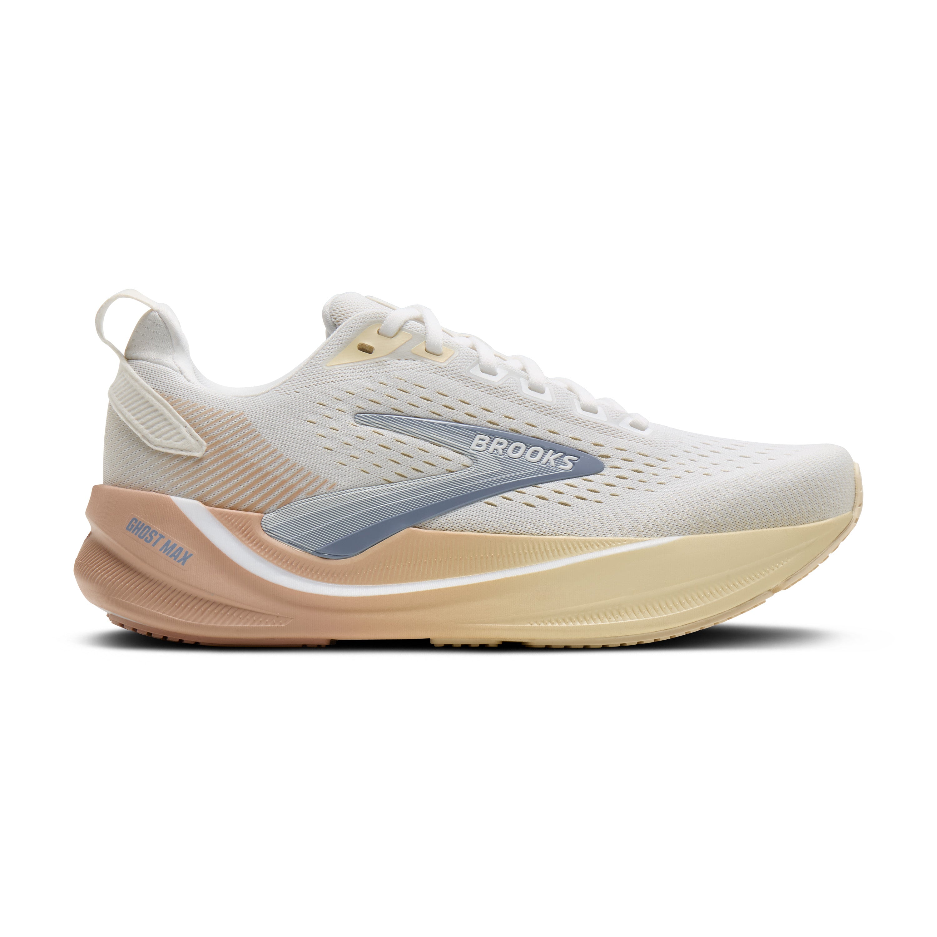 White and beige running shoe with 'Brooks' branding on a white background