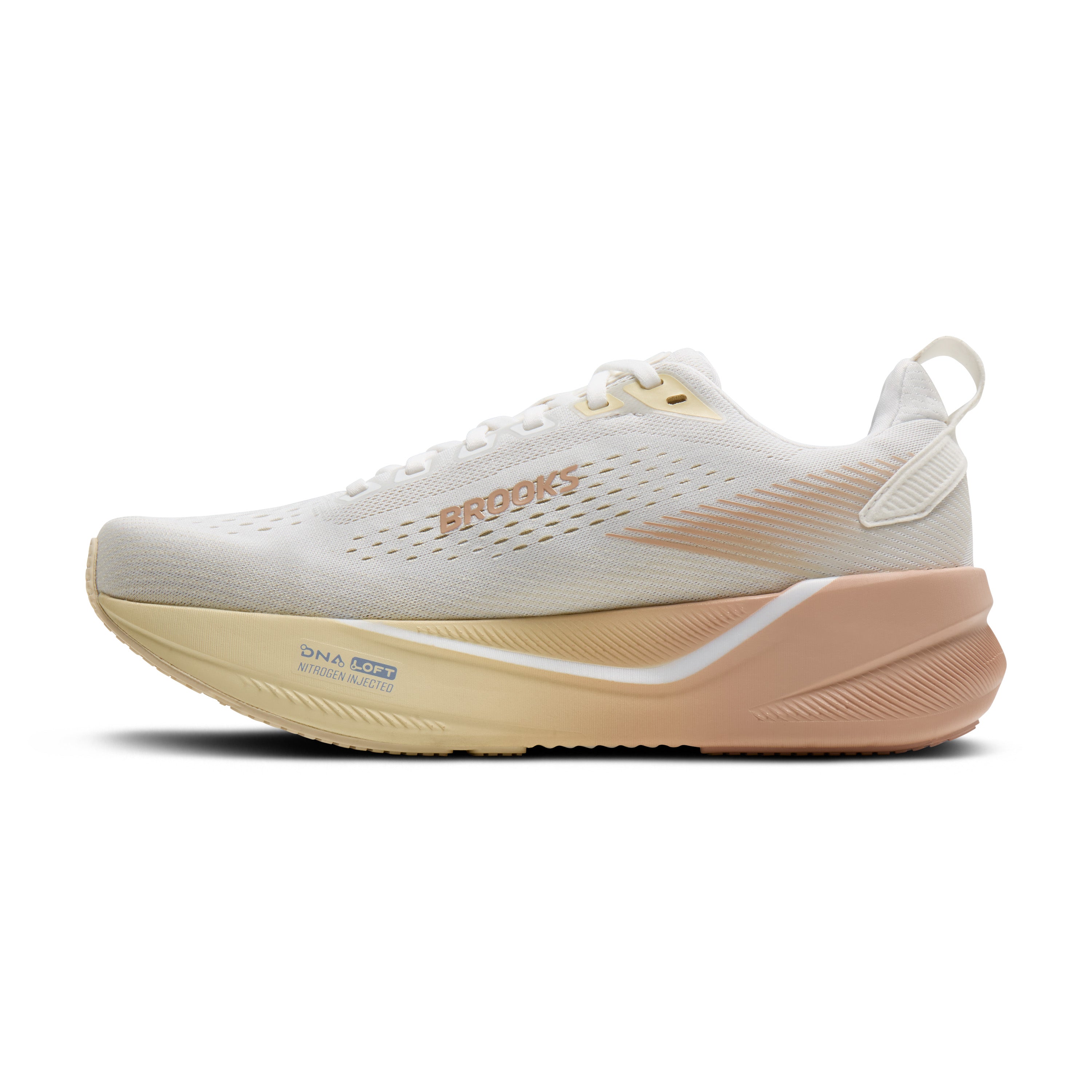 Beige running shoe with 'Brooks' branding on a white background