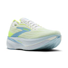 Light green and blue running shoe with 'Brooks' branding on a white background