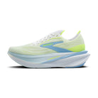 A single Brooks running shoe in a light neon yellow-green and light blue colorway, shown from the side against a solid white background.