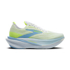 Light green and blue running shoe with 'Brooks' branding on a white background
