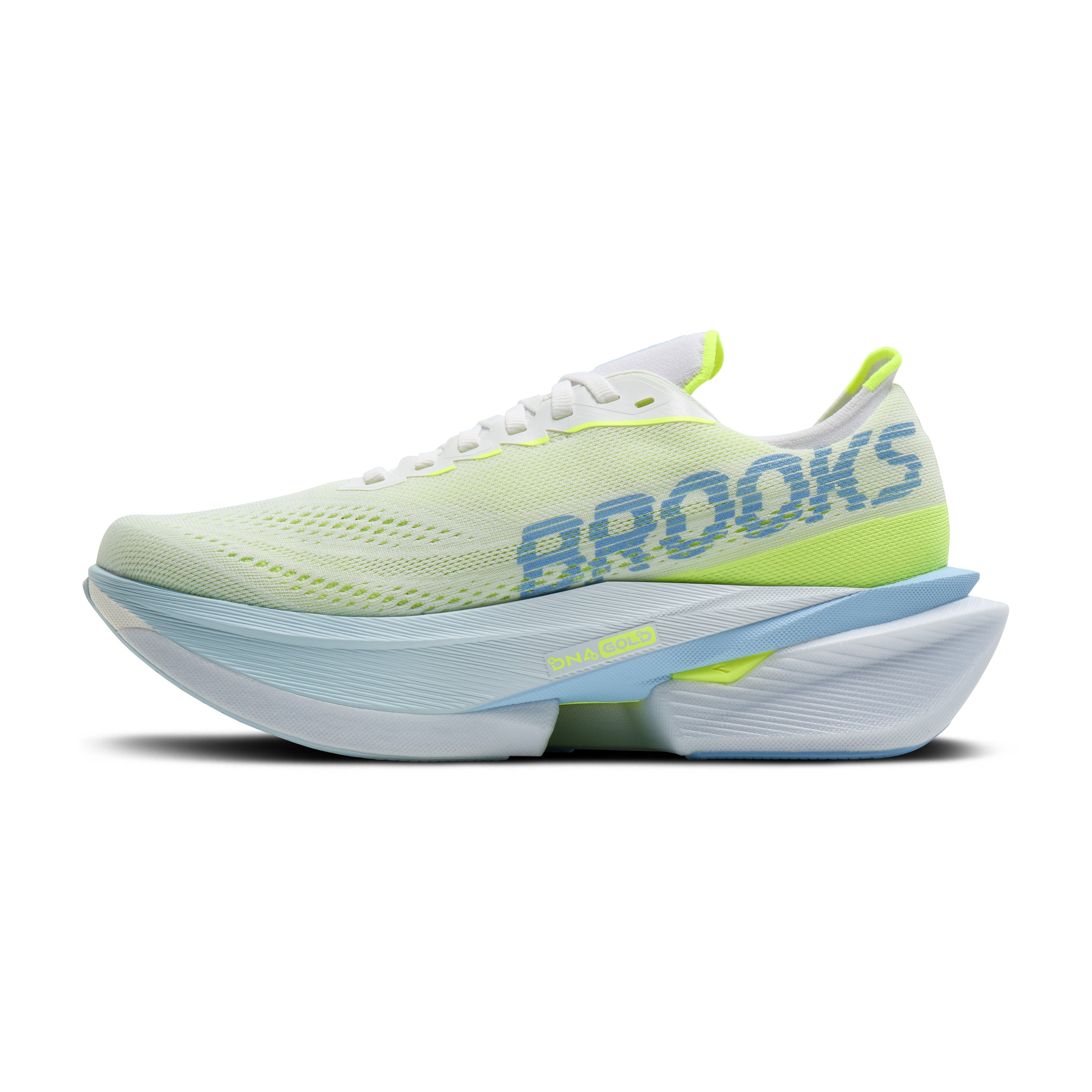 Light green running shoe with 'Brooks' branding on a white background
